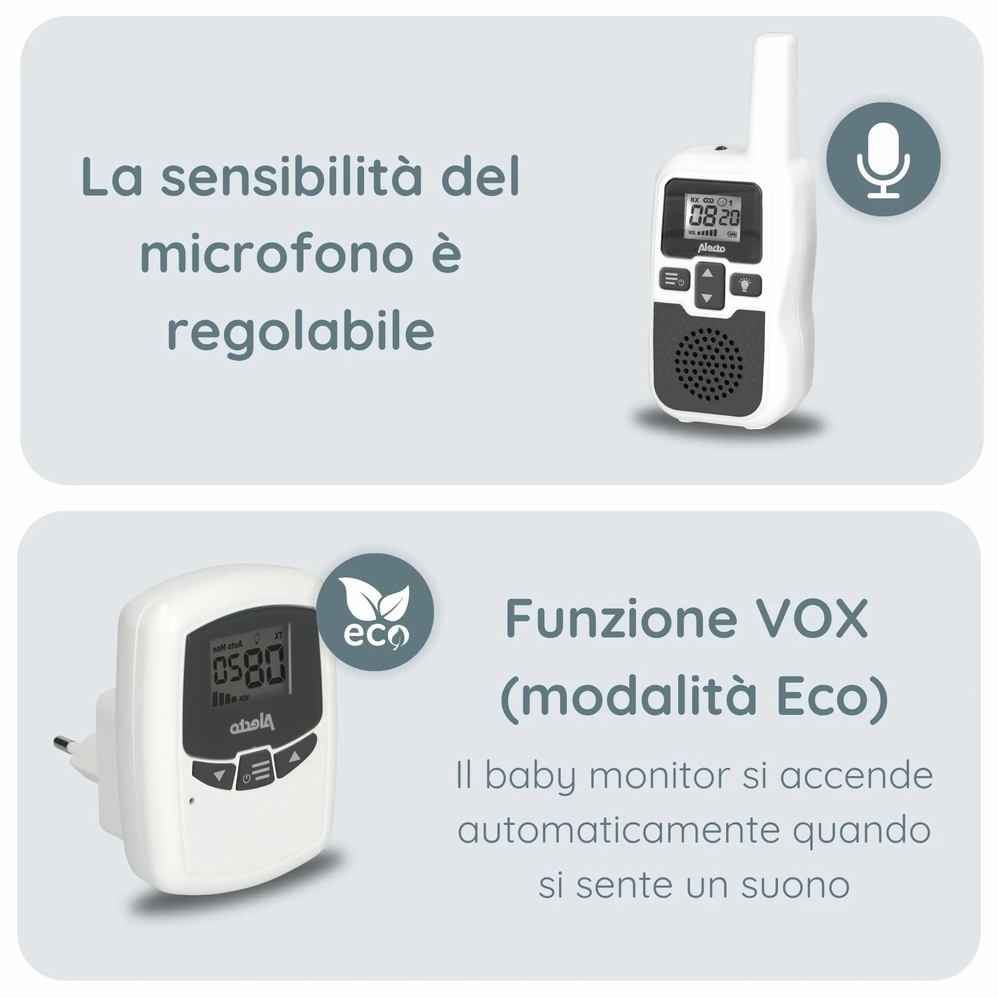 Alecto DBX80 monitor a lungo raggio 3000 metri standby 9 ore VOX bianco