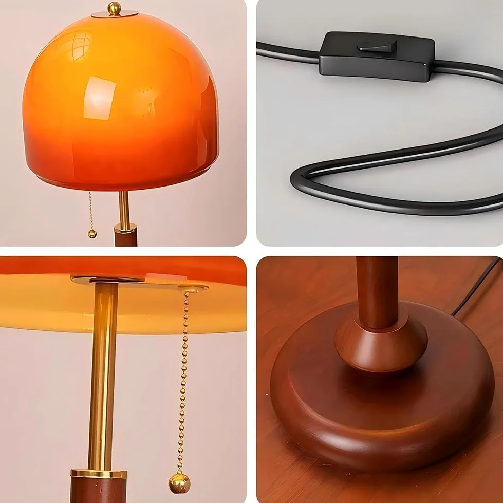 Lampada da Tavolo Fungo Arancione Dimmerabile con Telecomando, Paralume in Legno e Vetro Lampadina Fungo con Spina e Interruttore a Cavo Lampada da Comodino Decorativa a Forma di Fungo