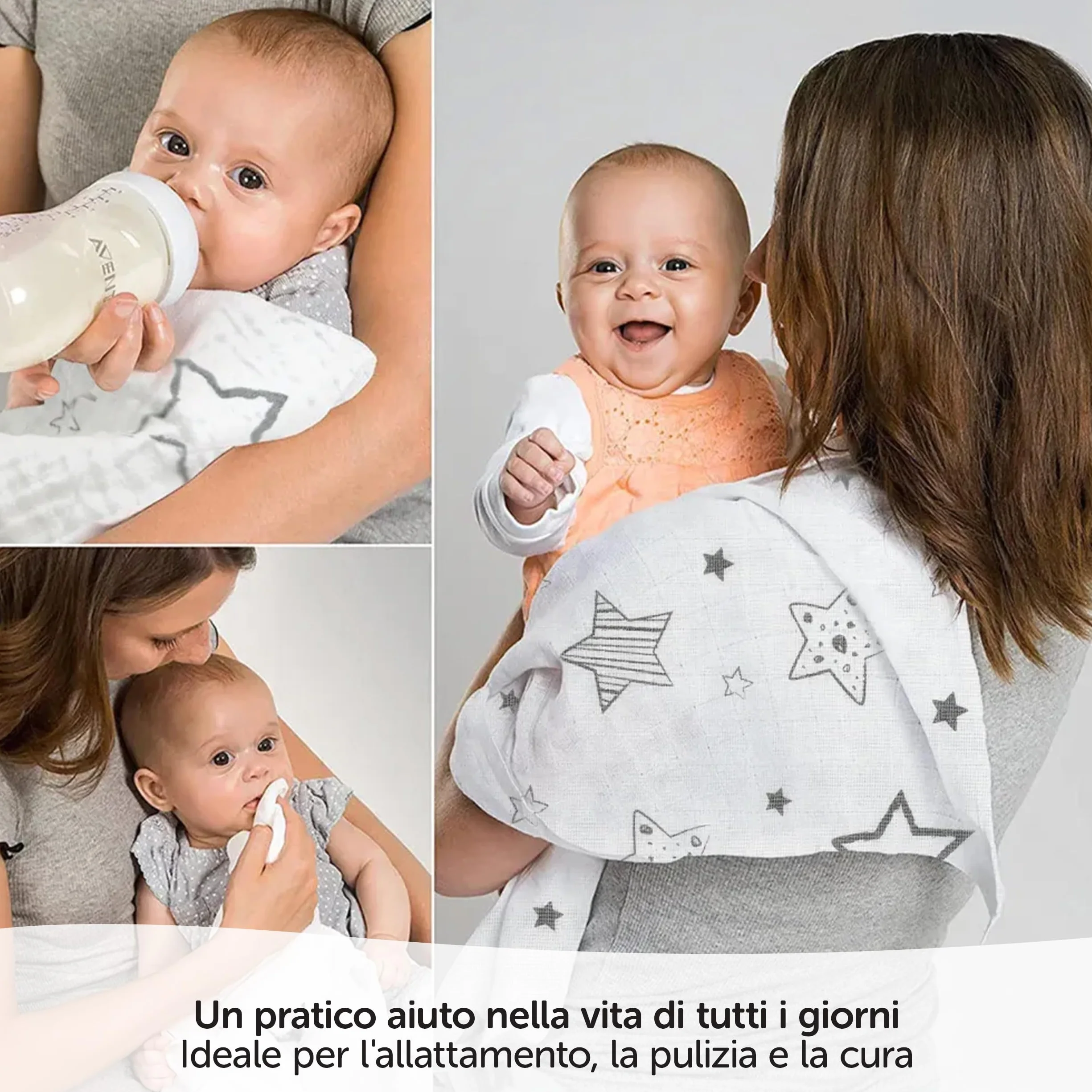Teli Mussola Neonato 70x70 cm 4 Pezzi Oeko-Tex Standard 100 Stelle Grigio