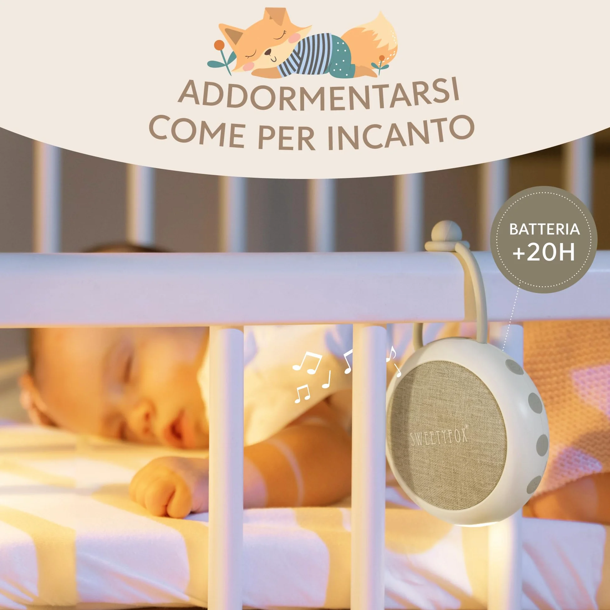 Sweety Fox Rumori Bianchi per Neonato - Bianco - Ninna Nanna, Luce Notturna, 15 Suoni, Ricaricabile USB