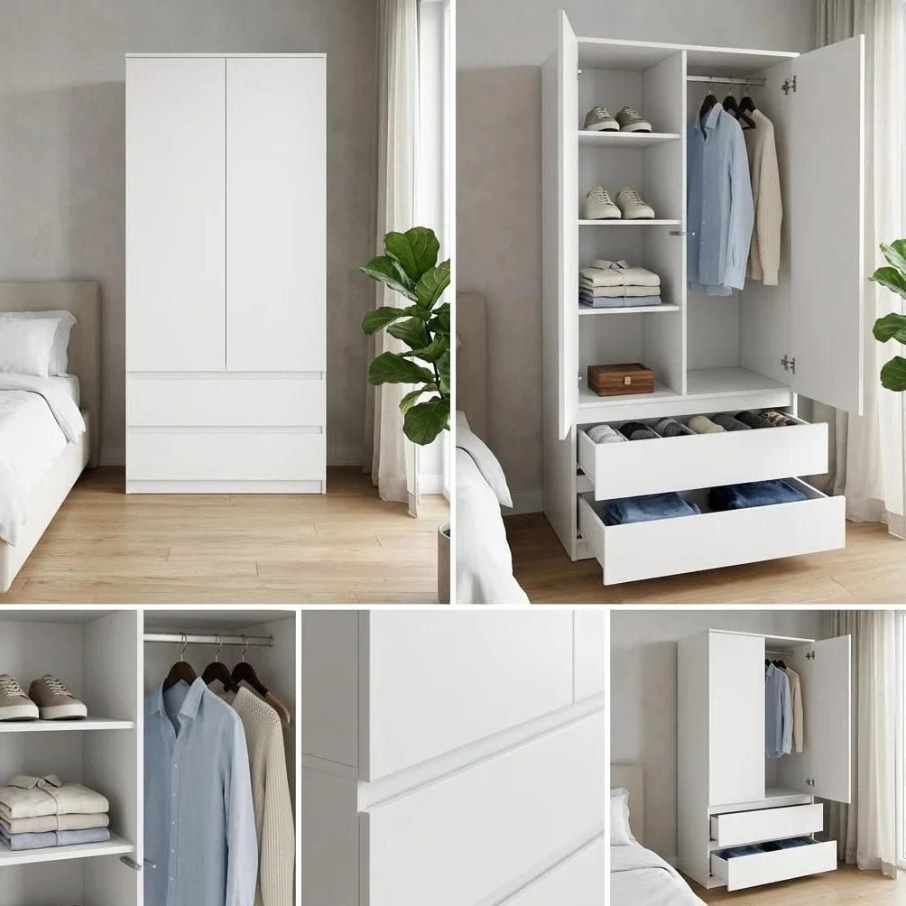 Meble Masztalerz Armadio Cameretta da Letto con 2 Cassetti 90 cm Bianco 180x90x50cm
