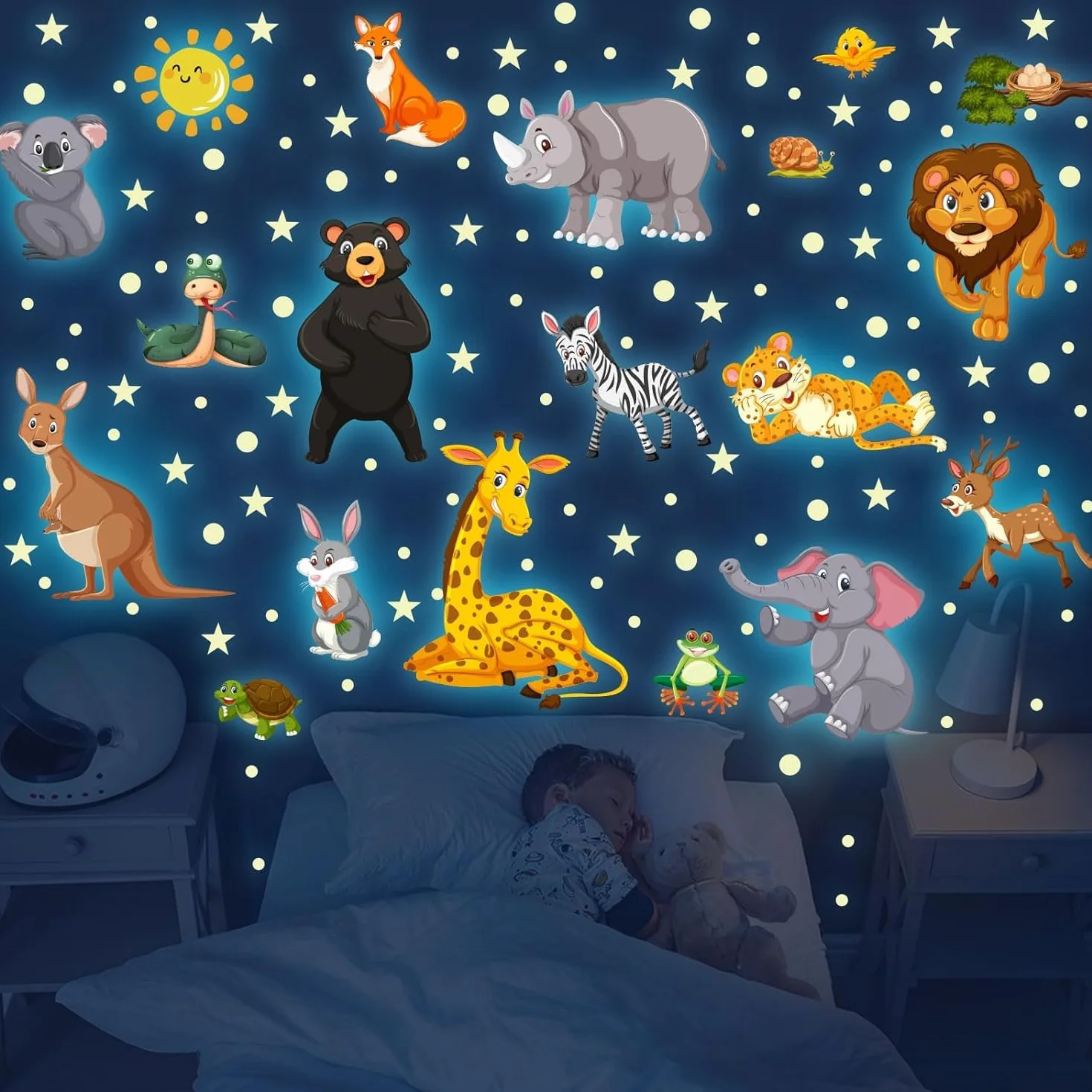 Adesivi da Parete Fluorescenti Animali Giungla Stickers Muro Luminoso Safari Elefante Leone Decorazioni Camera Bambini Verde