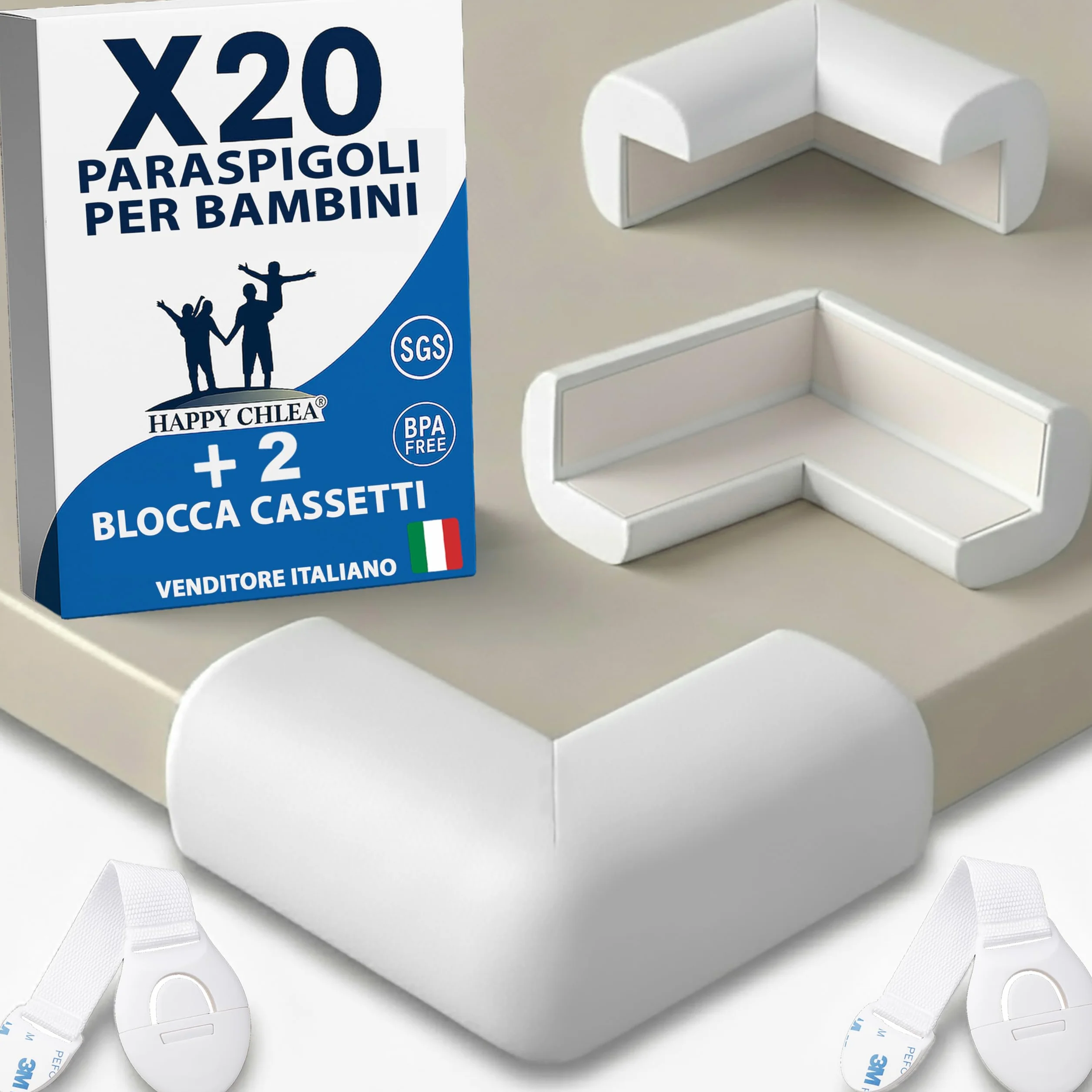 HAPPY CHLEA Paraspigoli Angolari in Gomma con Schiuma Attiva, 20 Morbidi e 2 Blocca Cassetti, Bianco