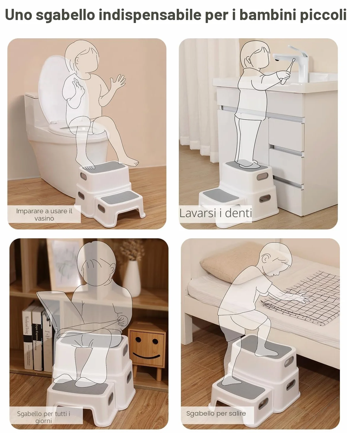 Sgabello Bambini 2 Gradini Antiscivolo Antiribaltamento 90 kg per Bagno Lavandino Toilette