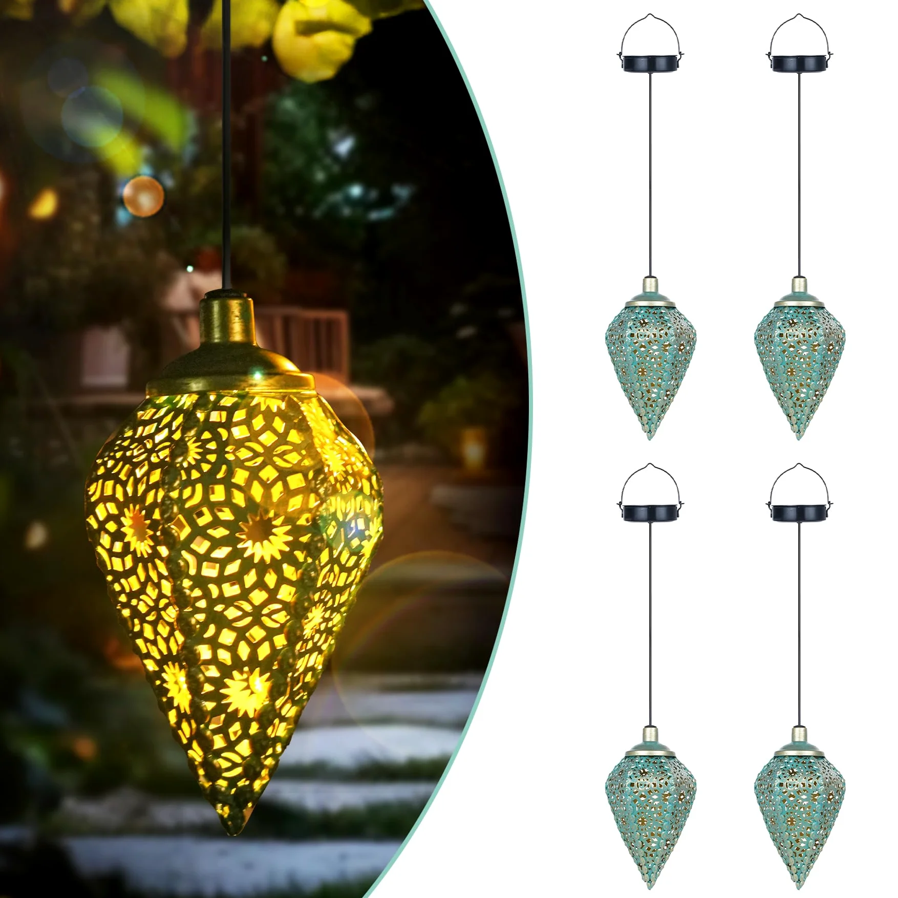 4 lampade solari per esterni, da appendere, a LED, retrò, per esterni, da giardino, IP65, impermeabile, bianco caldo, a forma di oliva, per esterni, balcone, terrazza, regali per donne e mamme (oro