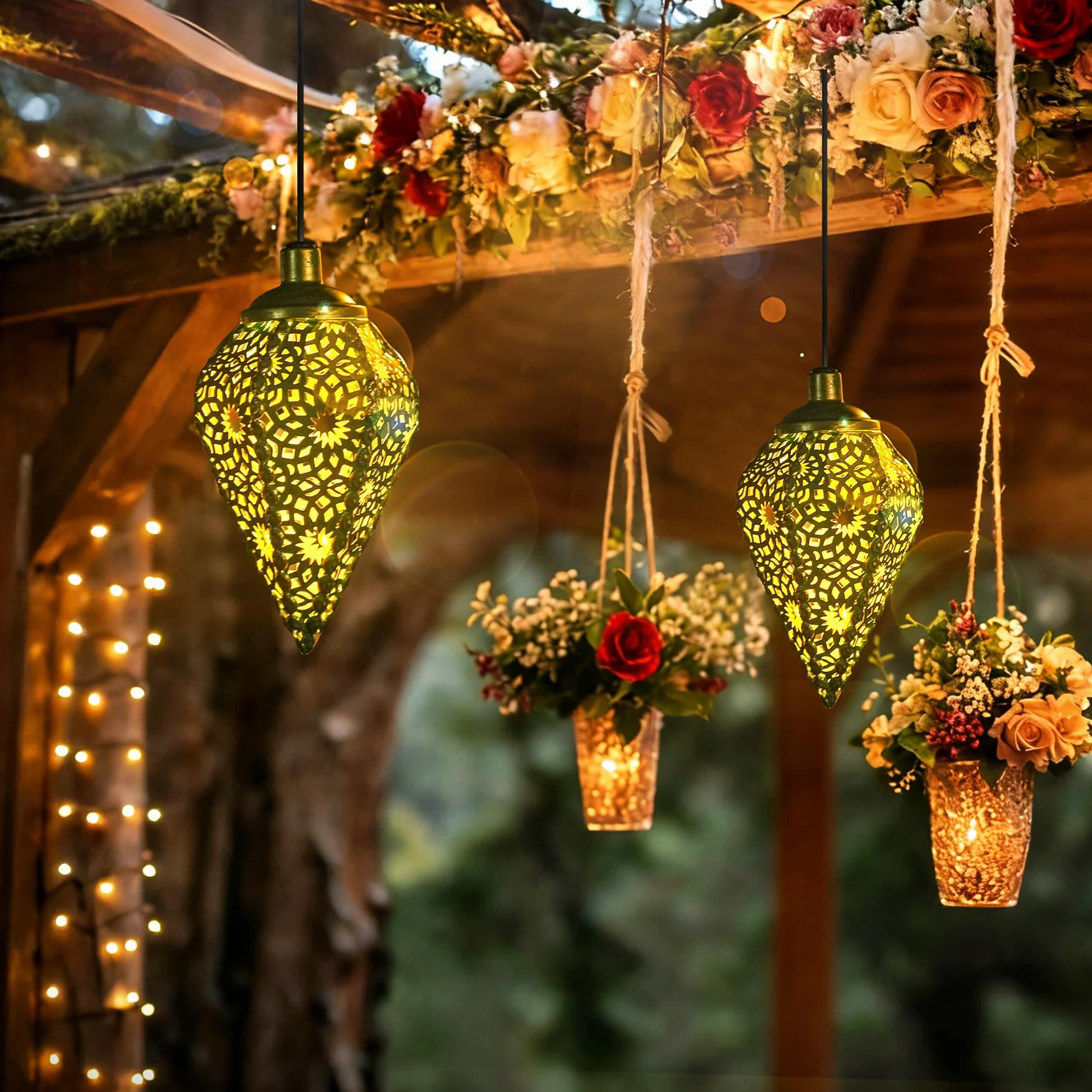 4 lampade solari per esterni, da appendere, a LED, retrò, per esterni, da giardino, IP65, impermeabile, bianco caldo, a forma di oliva, per esterni, balcone, terrazza, regali per donne e mamme (oro