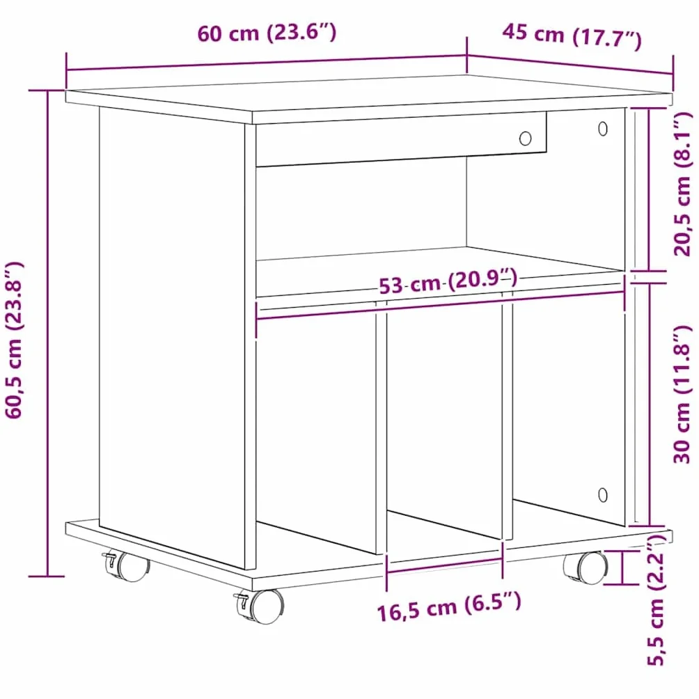 vidaXL Mobile con Ruote Rovere Nero 60 x 45 x 55 cm Legno Multistrato, Soluzioni di archiviazione per Ufficio