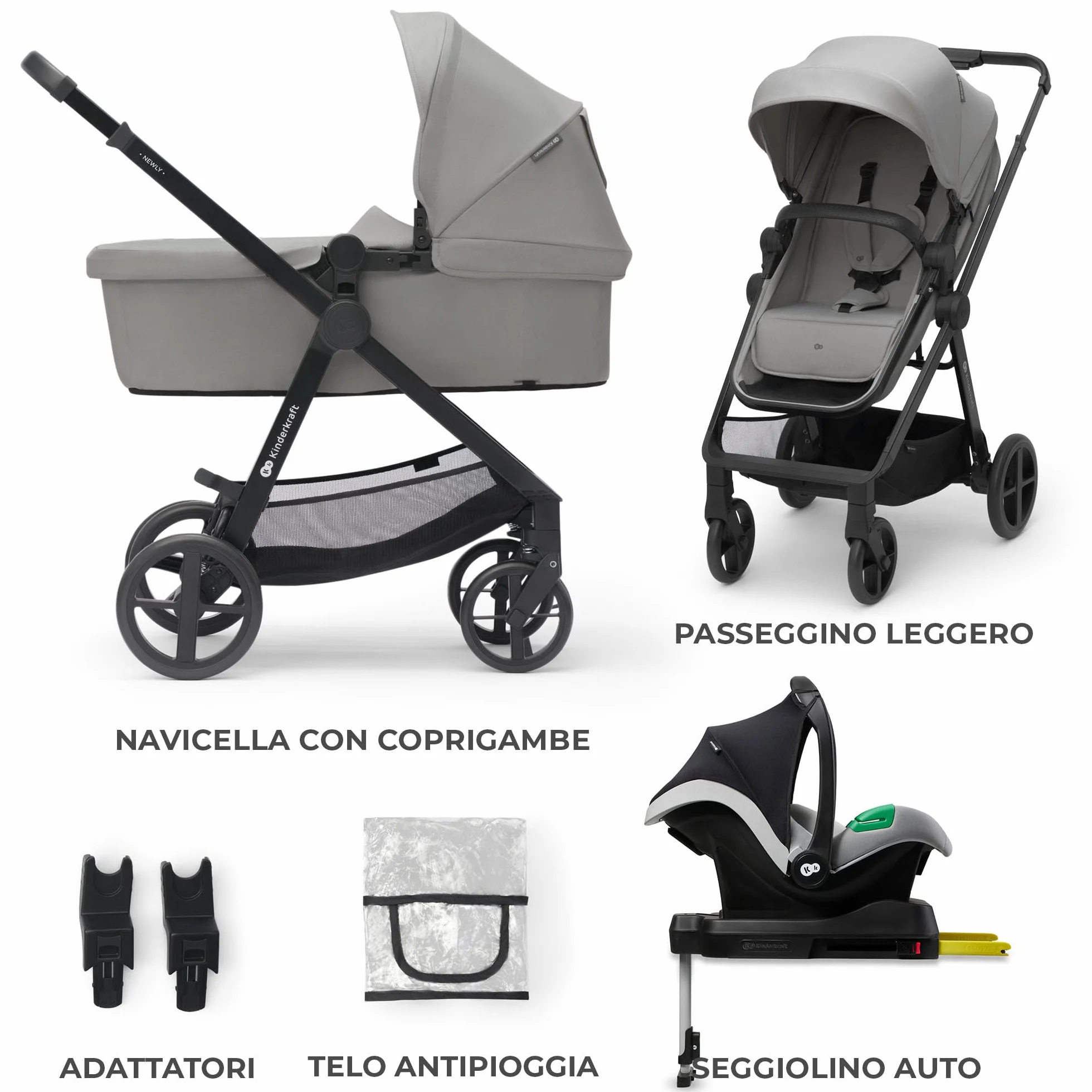 Kinderkraft 4 in 1 Trio Passeggino Neonati con Ovetto I-SIZE 40-75 cm, Base ISOFIX, Travel System, UPF50+, Grigio