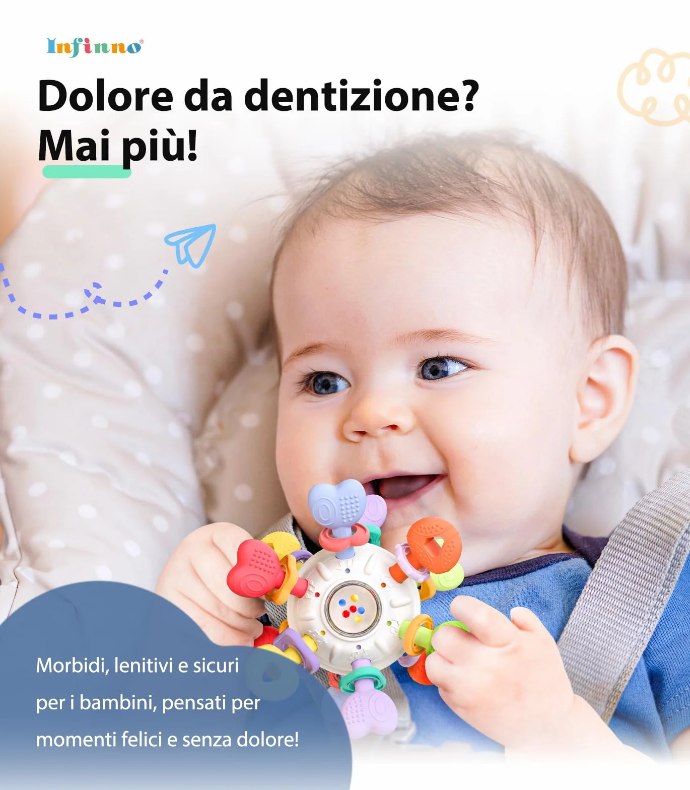 Infinno Sonaglio Dentizione Neonato 0-12 Mesi, Gioco Sensoriale Montessori in Silicone Alimentare