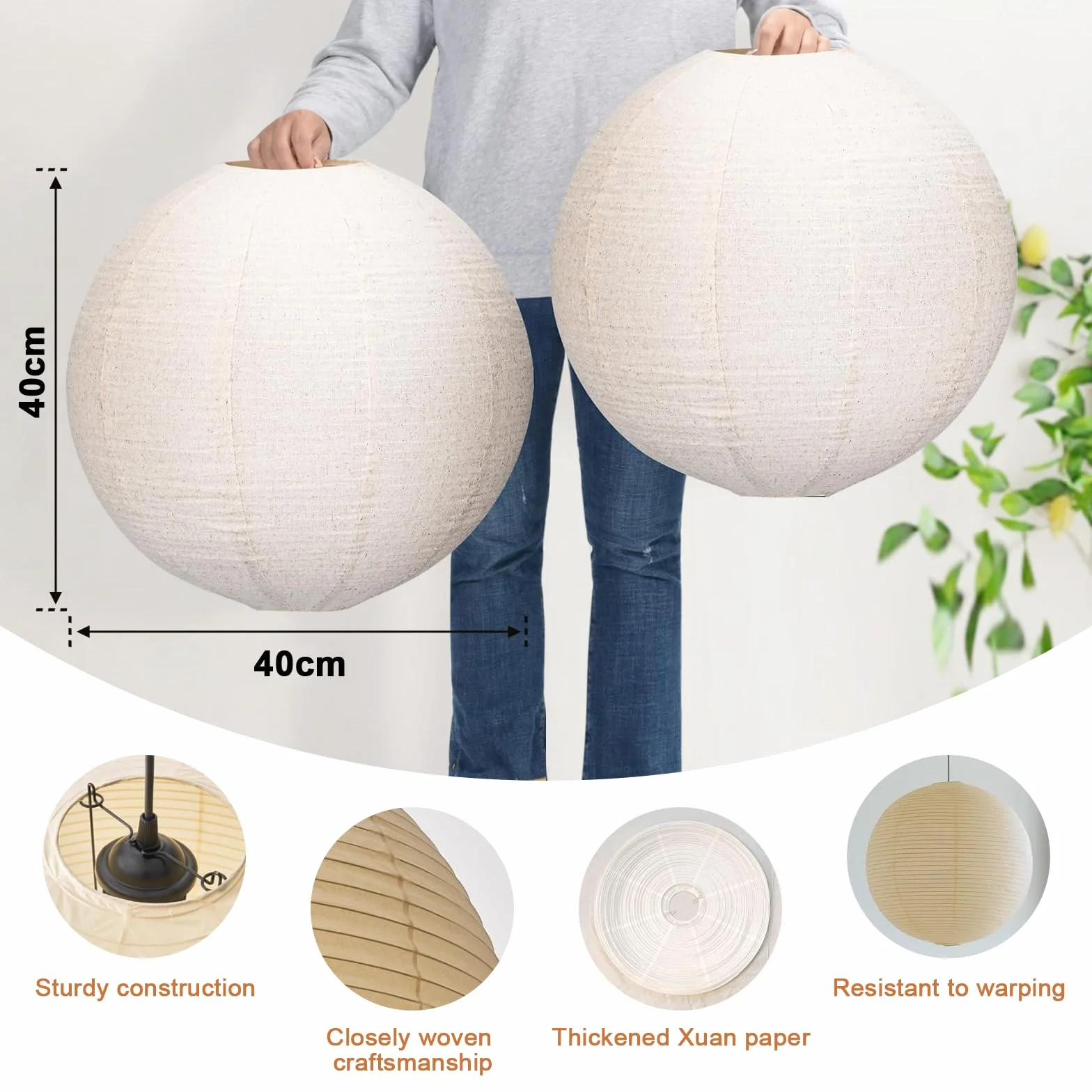 Paralume in Carta di Riso Spessa, Lanterne di Carta Rotonda Moderna, Lampadario Sospeso a Sfera per Illuminazione Ambiente, per Soggiorno, Camera da Letto, Hotel e Feste, 40 cm
