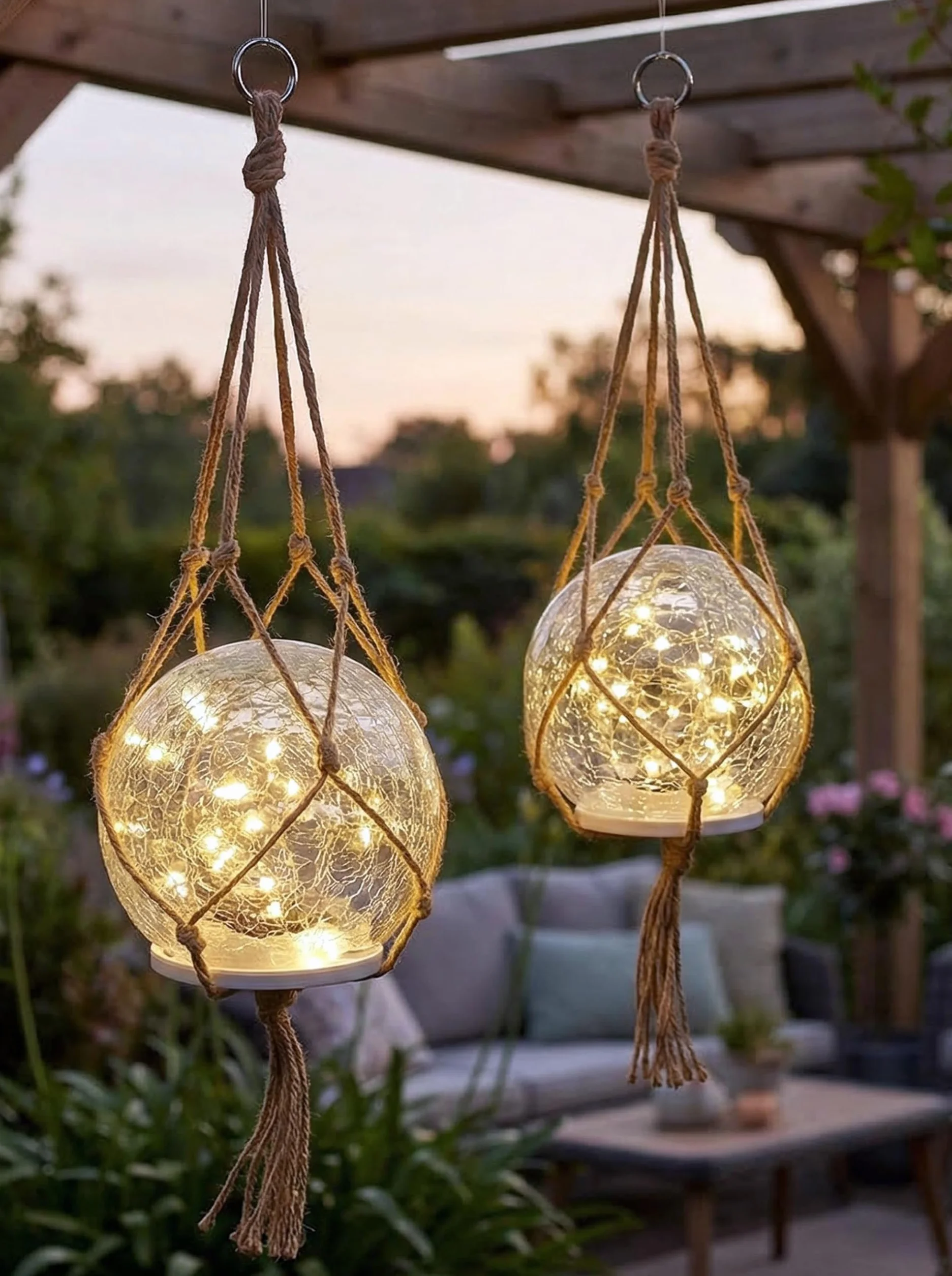 Lampada a sospensione solare e lampada da tavolo, set di 2 lampade solari per esterni, 15 cm, stile bohémien, con vetro di alta qualità con rete di iuta, decorazione da giardino, bianco caldo