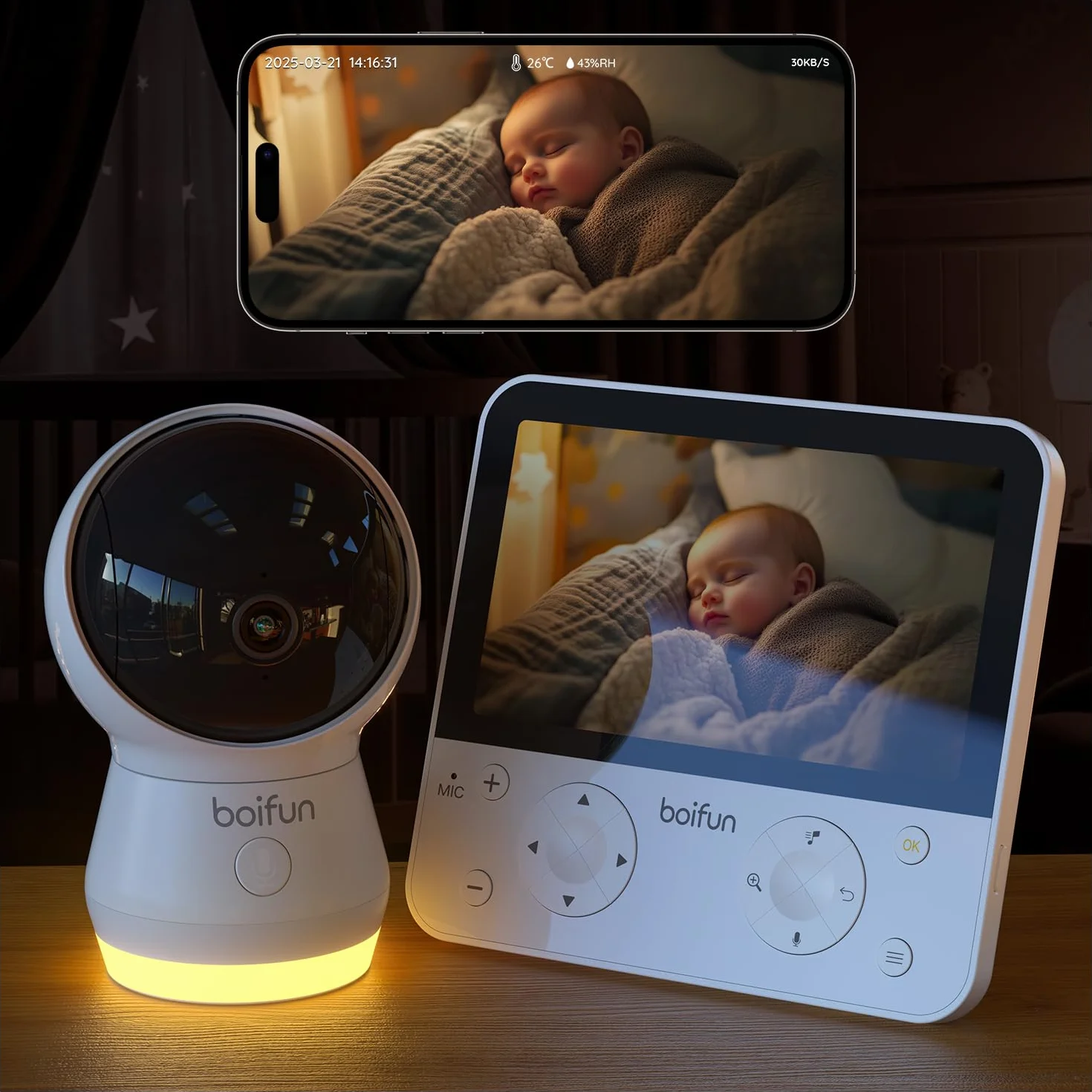 Boifun Baby Monitor 5.5" Video Audio 4MP 360° Zoom 4X WiFi AI Intelligente Audio Bidirezionale Luce Notturna 4000mAh