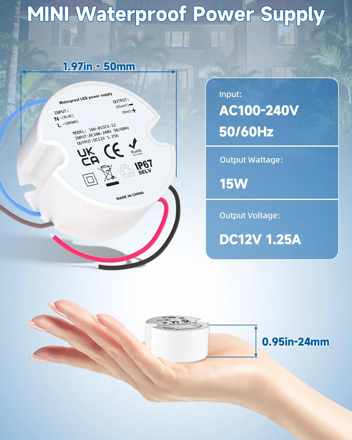 trasformatore led 12v 15W, trasformatore da 230V a 12V LED 1.25A, IP67 mini trasformatore rotondo LED driver per sotto-armadio luce 2 pezzi
