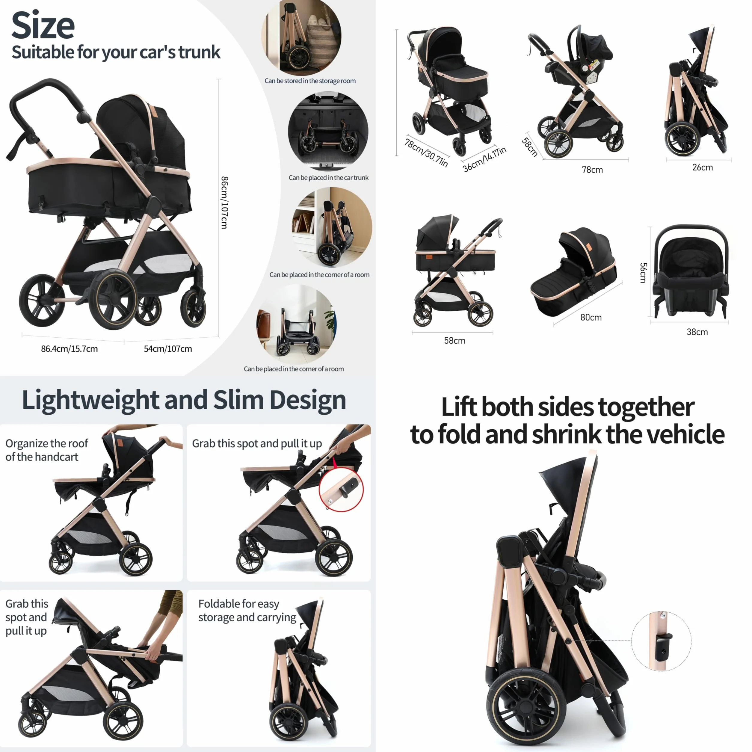 Passeggino Trio 3 in 1 Pieghevole in Un Clic con Telaio in Lega di Alluminio V10 Black