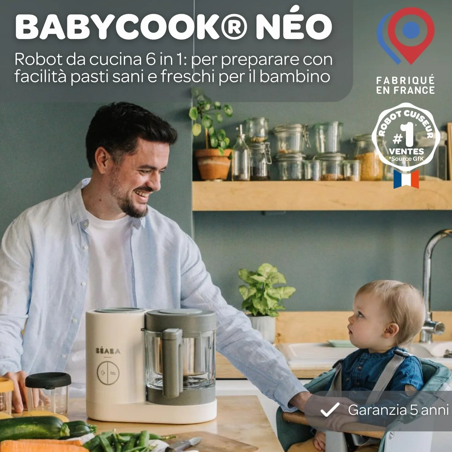 BÉABA Babycook Néo Cuocipappa Omogeneizzatore 6 in 1 Cottura a Vapore Delicata Bicchiere Vetro Acciaio Inox Bianco