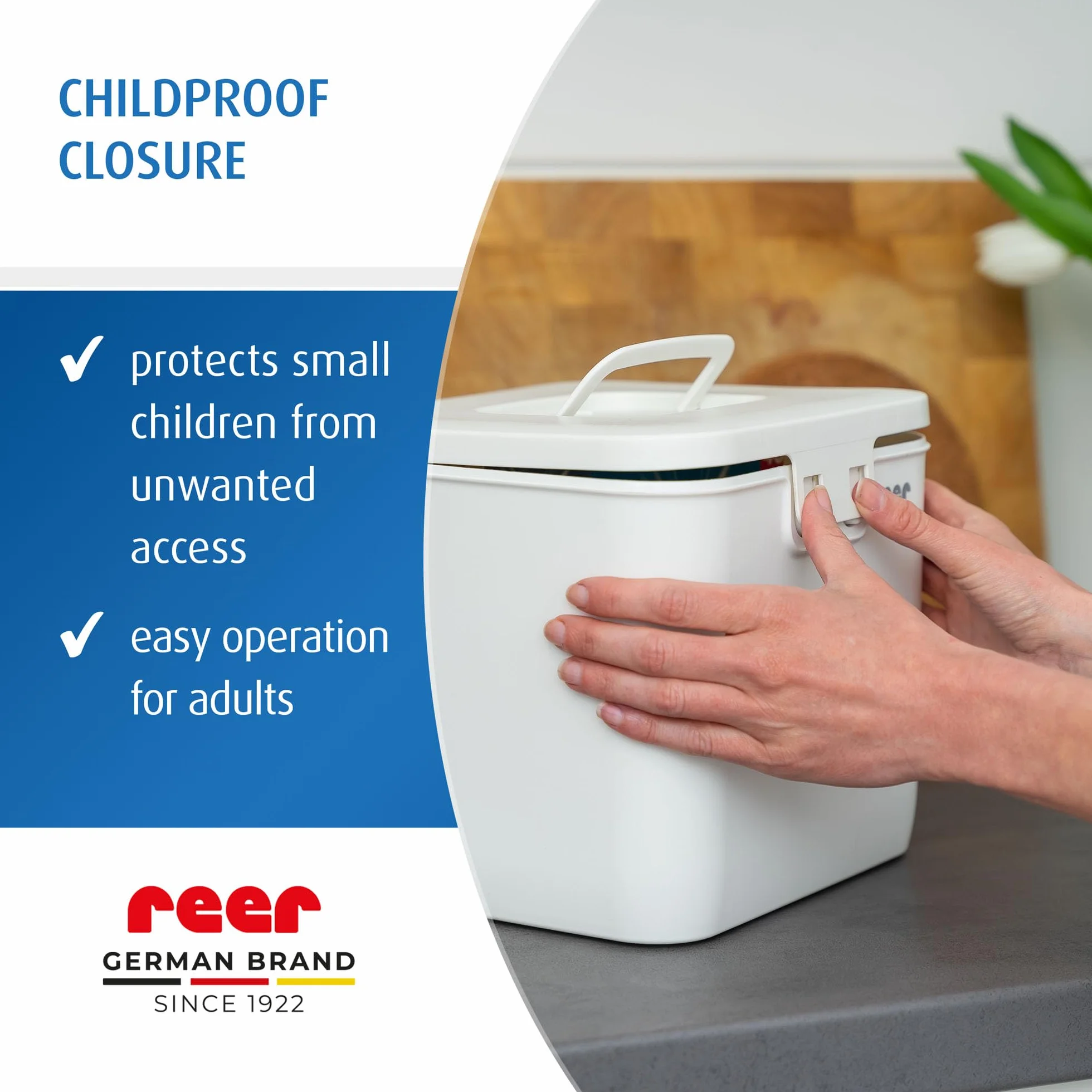 Reer SafeContainer Scatola portaoggetti protezione piccole parti pericolose chiusura sicura bambini antiscivolo
