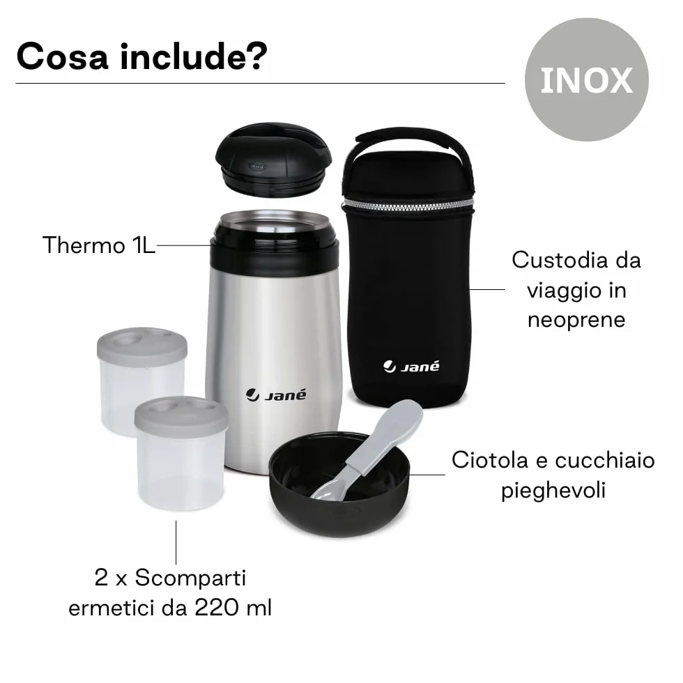 Jané Thermos 1L 2 Contenitori Ermetici Mantiene Caldo e Freddo 8h Borsa Termica Grigio