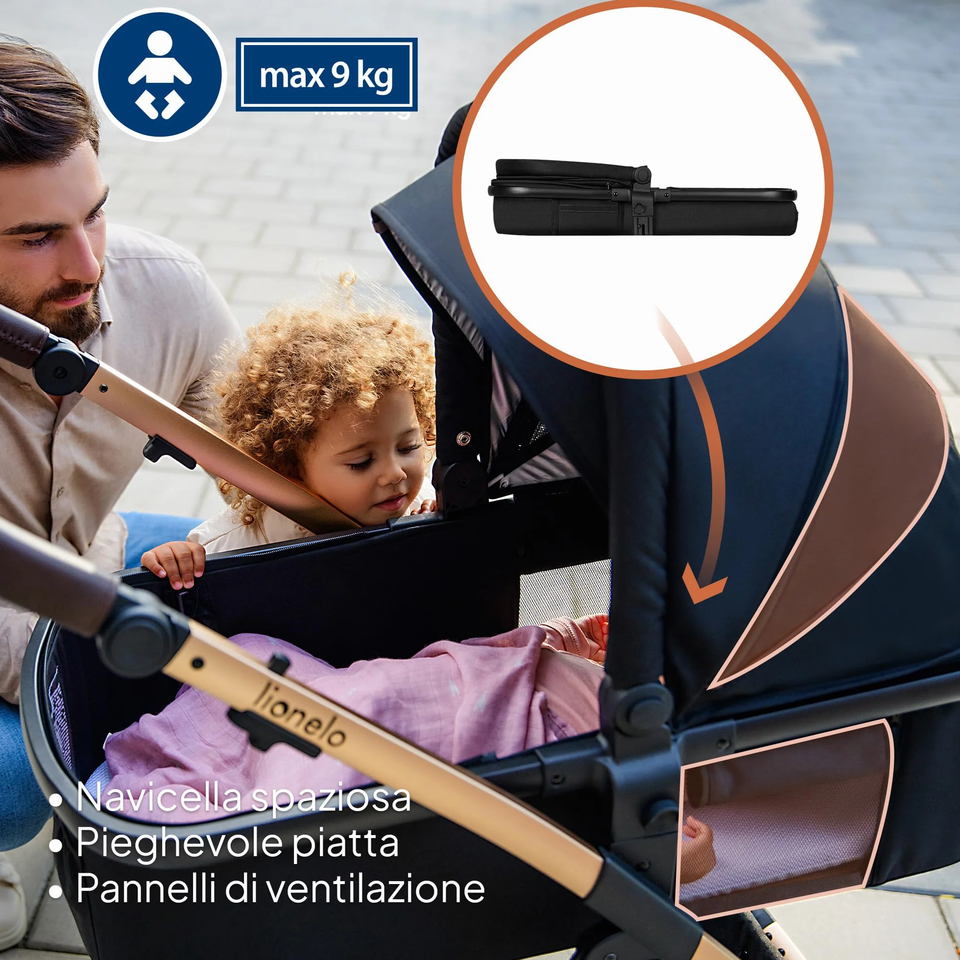 LIONELO Amber Passeggino Trio 3-in-1 0-22 kg Pieghevole Regolabile Ruote Grandi Cappotina XXL