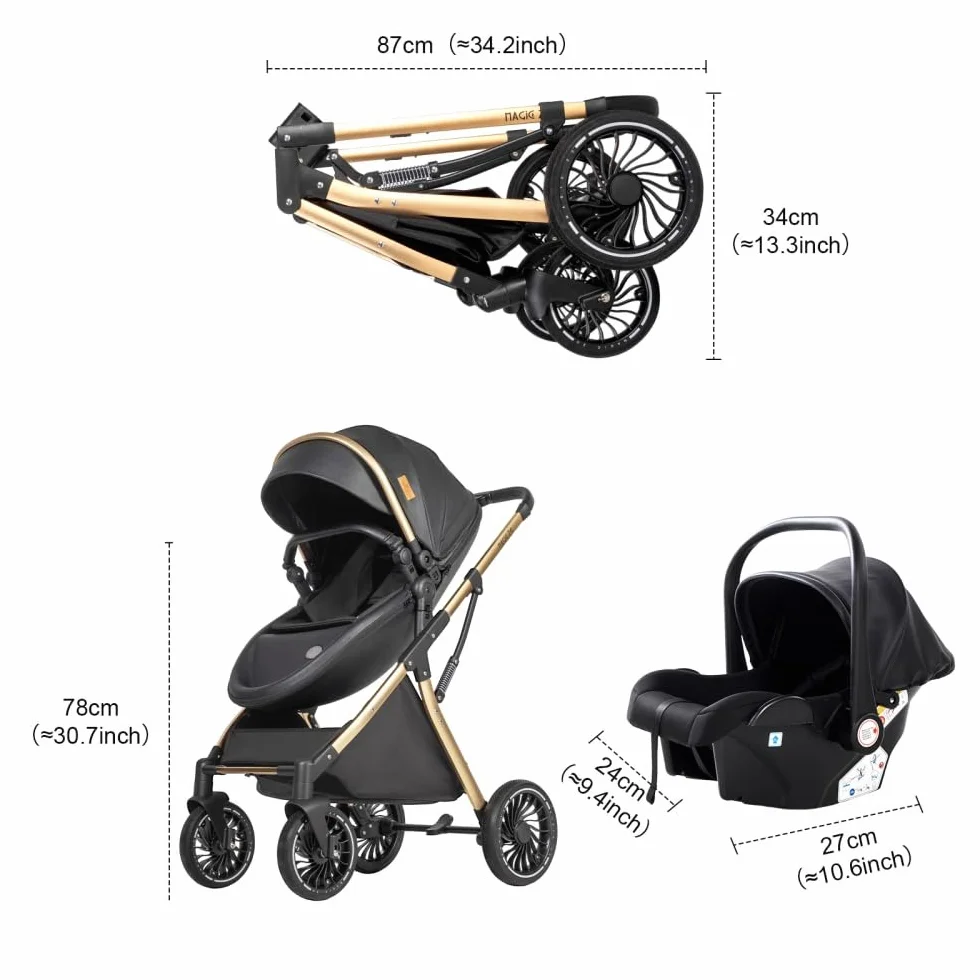 Passeggino 3 in 1 pieghevole reclinabile per neonati e bambini piccoli, ruote per tutti i terreni, con accessori (Nero)