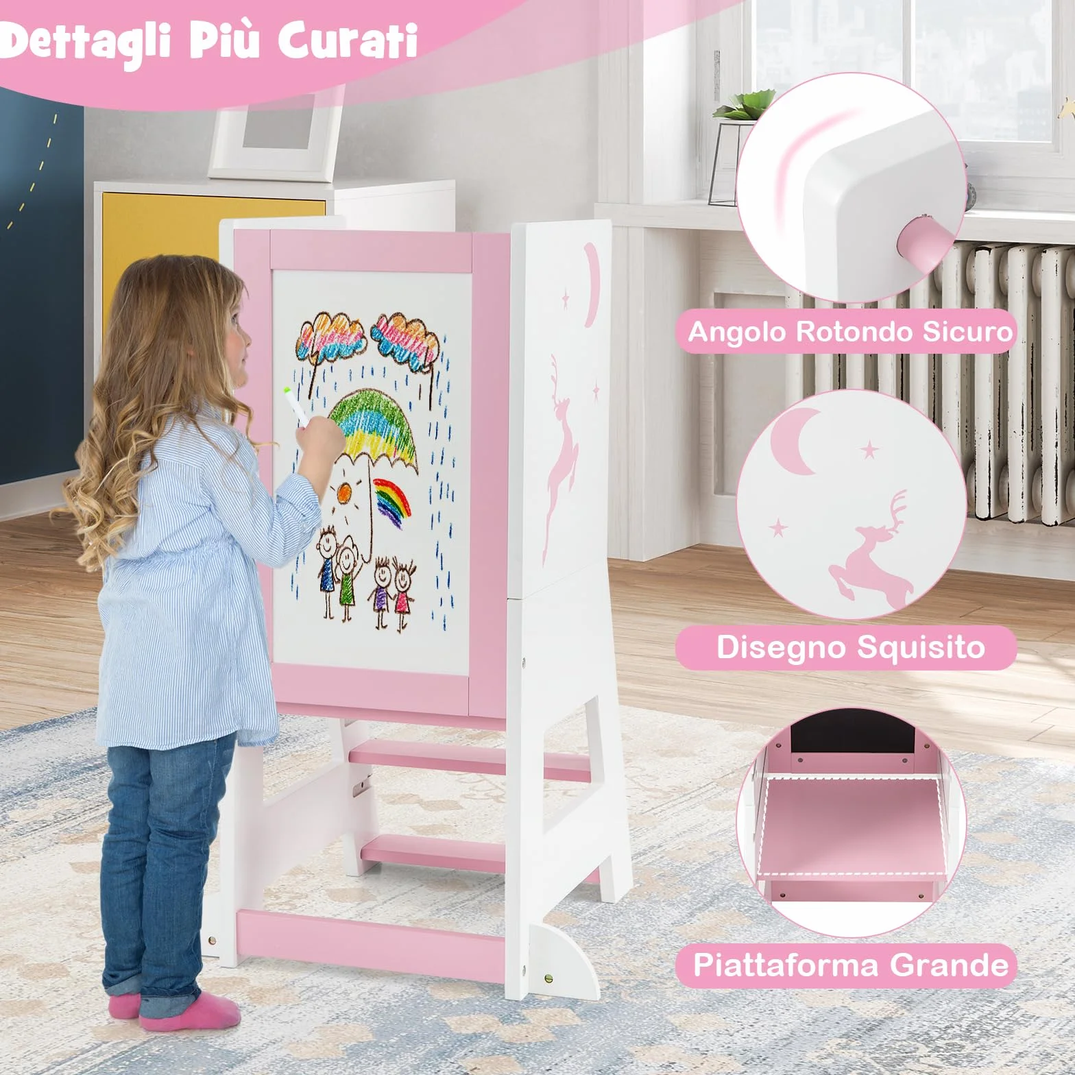 RELAX4LIFE Torre Montessoriana 3 in 1 per Bambini, Torre di Apprendimento Altezza Regolabile con Lavagna Bifacciale e Piedini Antiribaltamento, Rosa