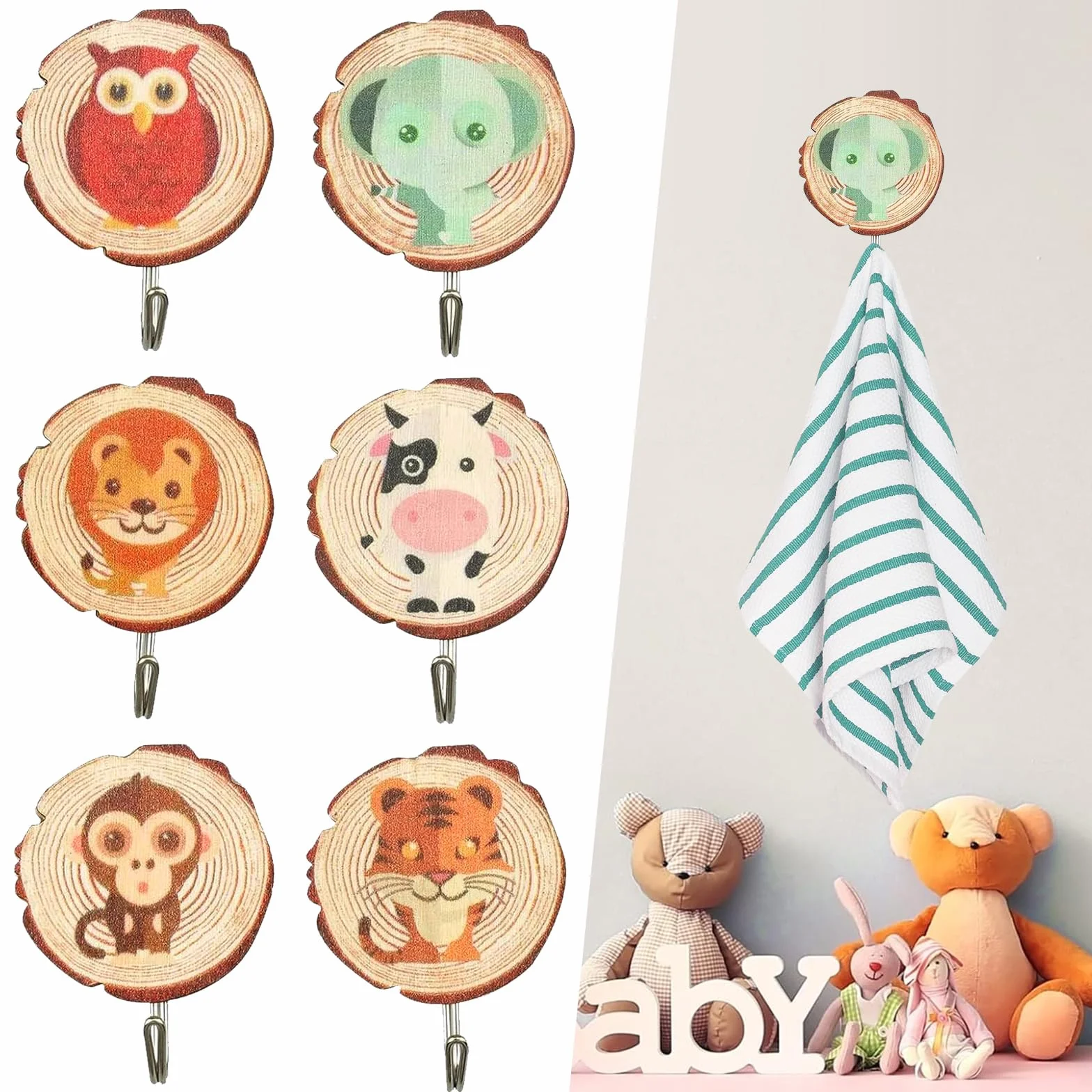 DAZZTIME Ganci Autoadesivi per Bambini 6 Pezzi Robusto Decorativi a Parete Senza Foratura Asciugamani Ombrelli Cappelli
