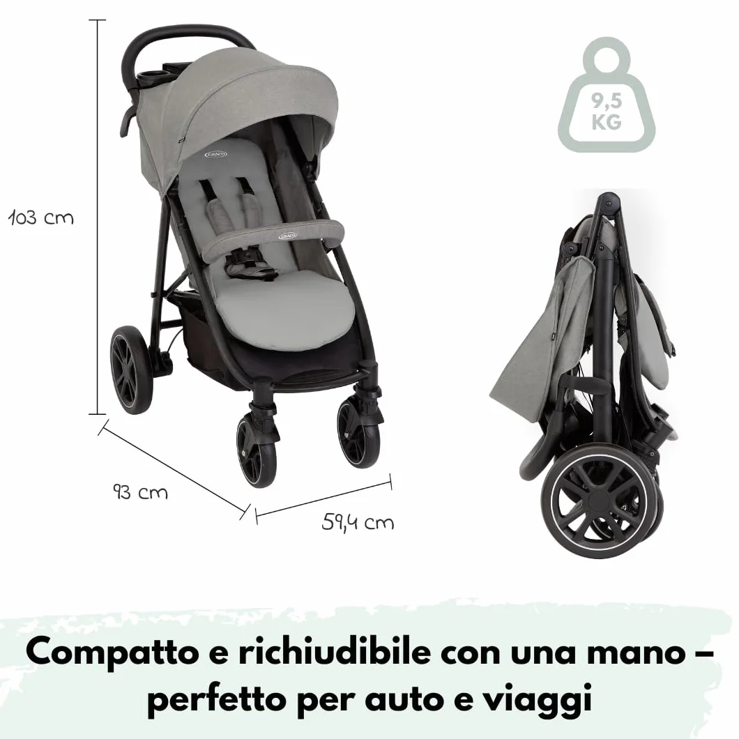 Graco Passeggino Leggero EezeFold DLX, Passeggino da Viaggio con Chiusura a Una Mano, Sospensioni a 4 Ruote, Reclinabile, Cestello Ampio – Grigio Lunare