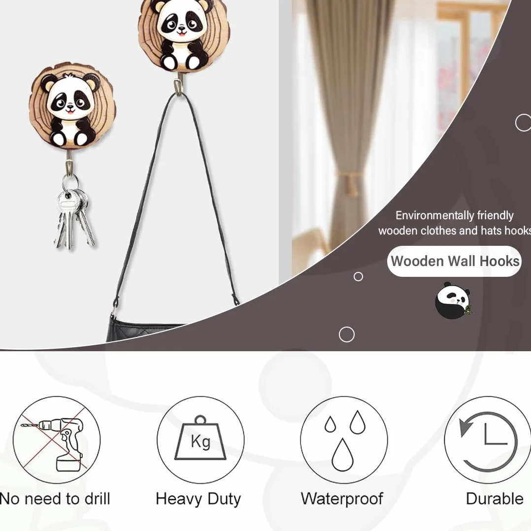 Ganci Autoadesivi per Bambini Panda, Appendini da Parete per Animali, Cappelli, Cucina e Bagno 4 Pezzi
