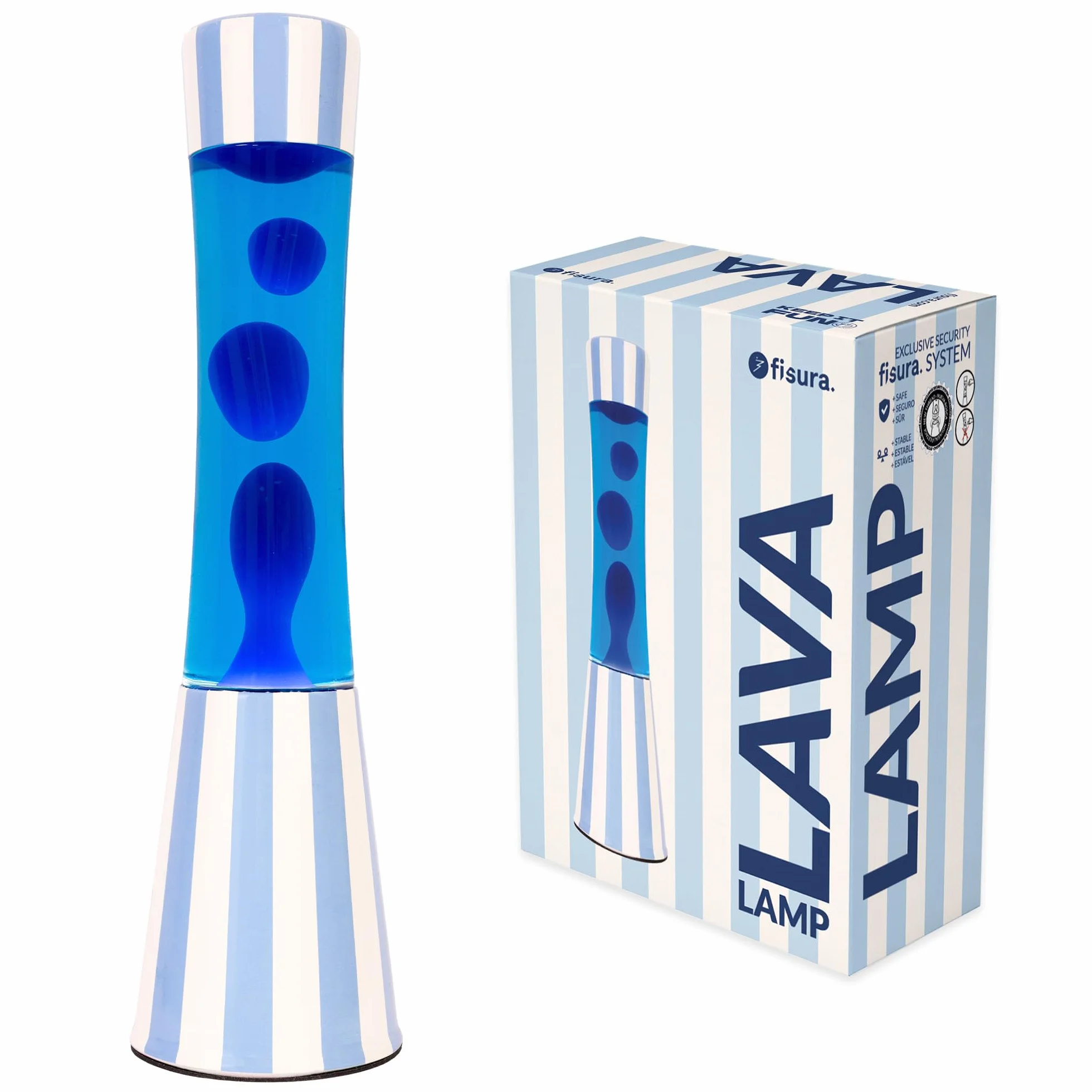 Fisura – Lampe à lave bleue. Lampe décorative relaxante au design original pour maison ou bureau, base à rayures, liquide et lave bleus, ampoule de rechange incluse, 11 x 11 x 39,5 cm