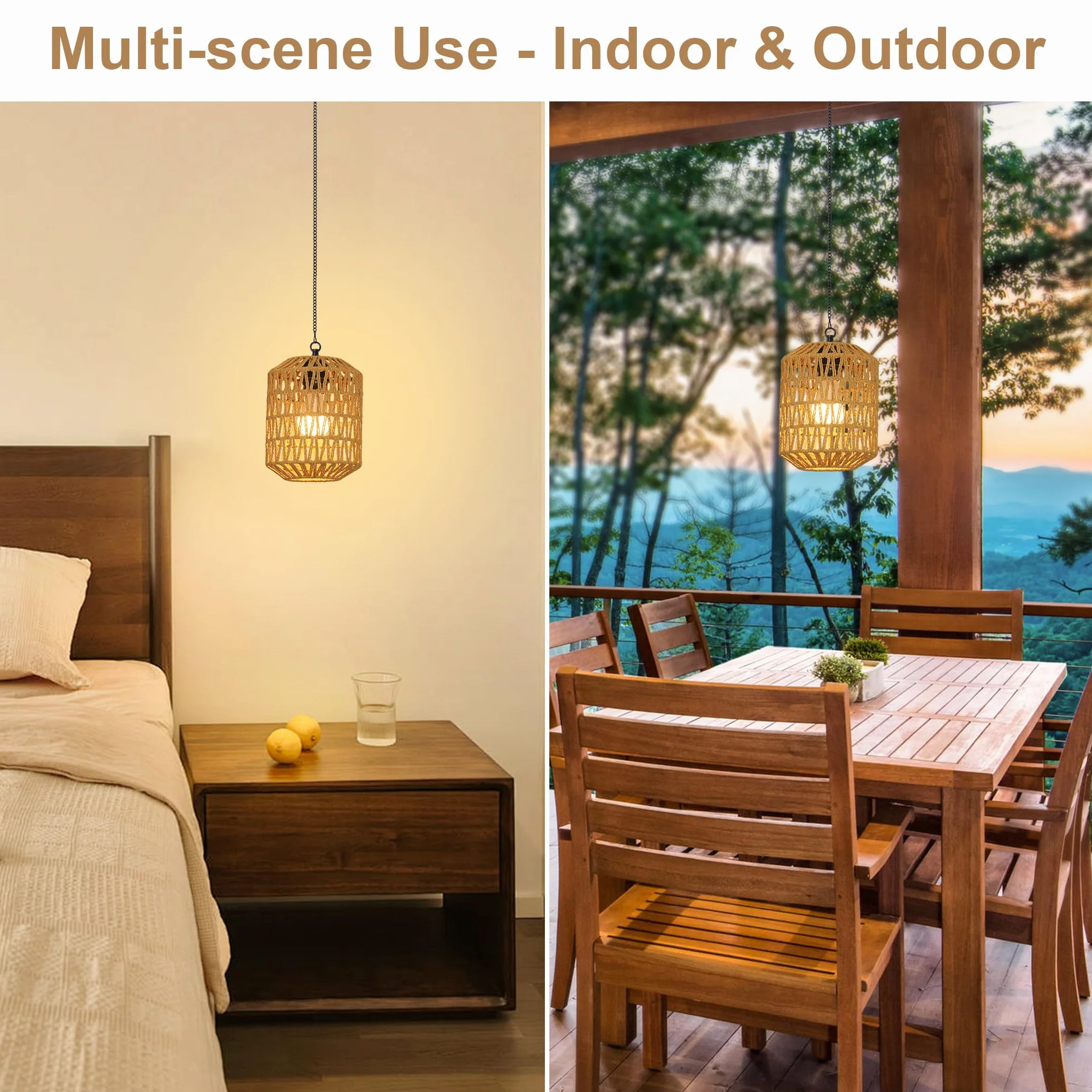 Rayofly 2 Pezzi Lampada a Sospensione Ricaricabile per Interni, Luce a Pendente Boho con Batteria, Lampada Pendente in Rattan senza Attacco Elettrico, Luci da Parco per Esterni con Bulbo e Telecomando