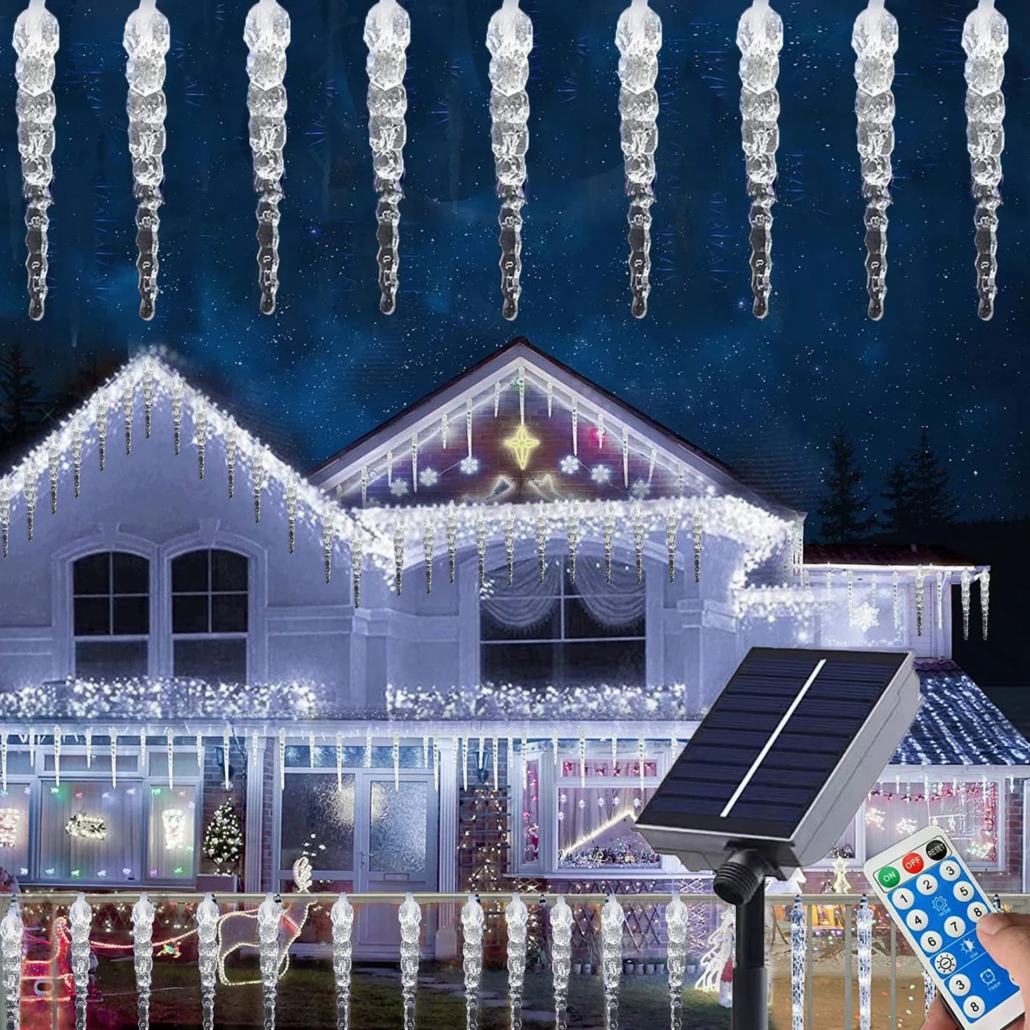 Tenda a LED solare con ghiaccioli per esterni, impermeabile, impermeabile, per interni, colonna di ghiaccio, 8 modalità, illuminazione natalizia con telecomando (50 LED bianco)