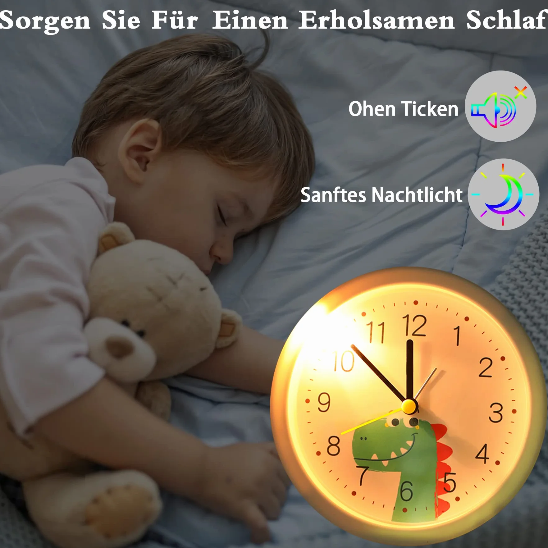 Sveglia per bambini senza ticchettio, silenziosa, con luce notturna, portatile, colore bianco
