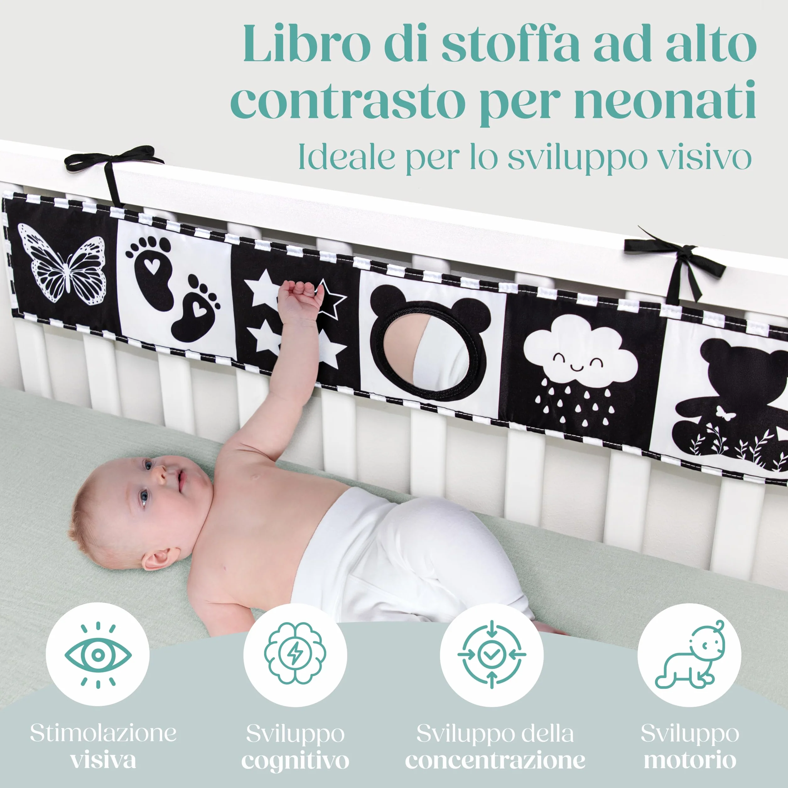 Libro Sensoriale Neonati con Specchio Teddy - Libro Bianco e Nero Stoffa Montessori, Ultra Morbido Lavabile per Sviluppo Visivo 0-12 Mesi