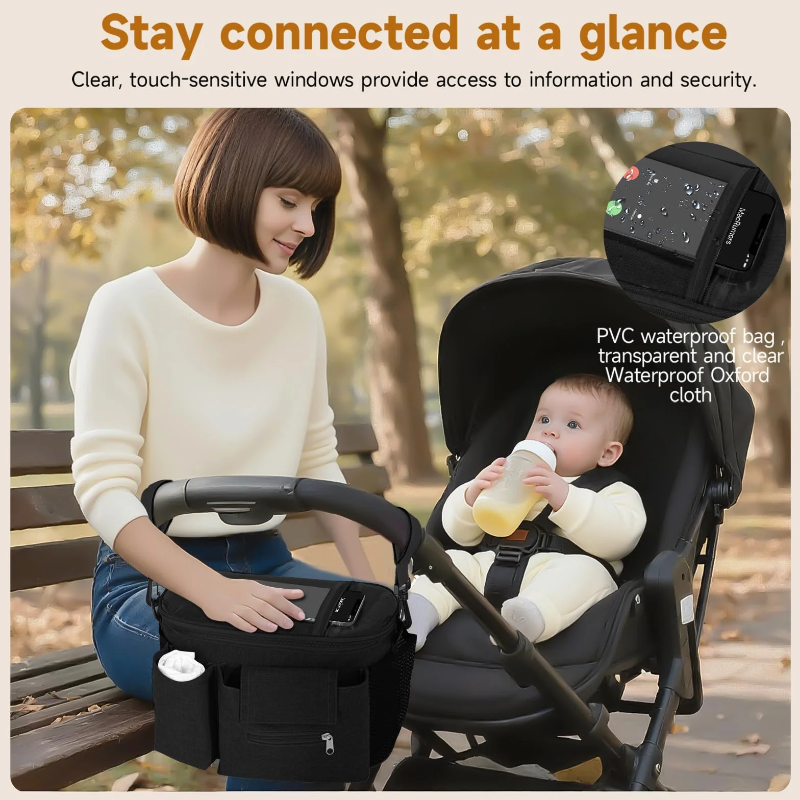 HOTUT Borsa Passeggino Organizer con Tasca Telefono Touch Screen, Multifunzione Borsa Cambio Neonato Tracolla Regolabile per Pannolini Salviette Biberon