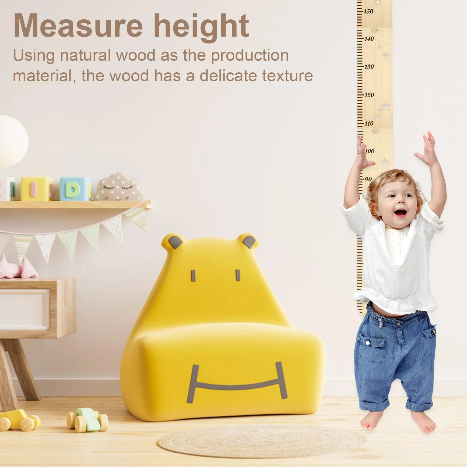 Metro da Parete in Legno per Bambini 50-180cm con Incisioni Delicati, Fissaggio Facile, Sacchetto di Stoccaggio in Tela (27x42 cm)