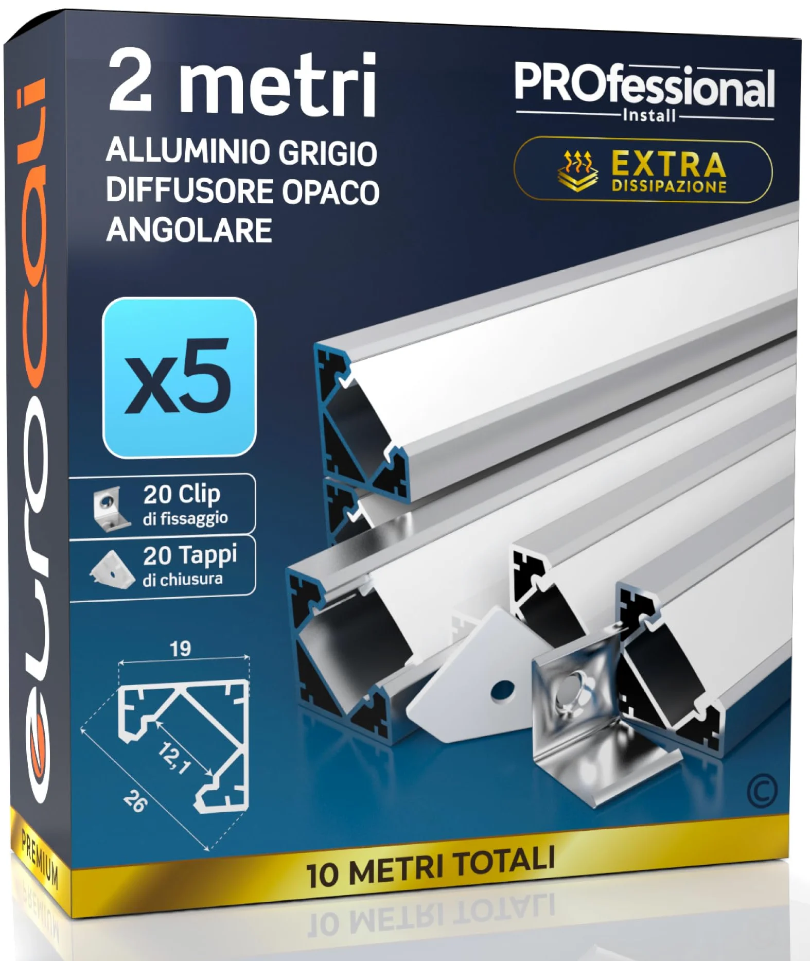 Eurocali 5x Profili Angolari da 2 metri (10mt) in Alluminio grigio per Strisce LED Schermatura Opaca ingombro max striscia led 12.1mm - 19 x 19