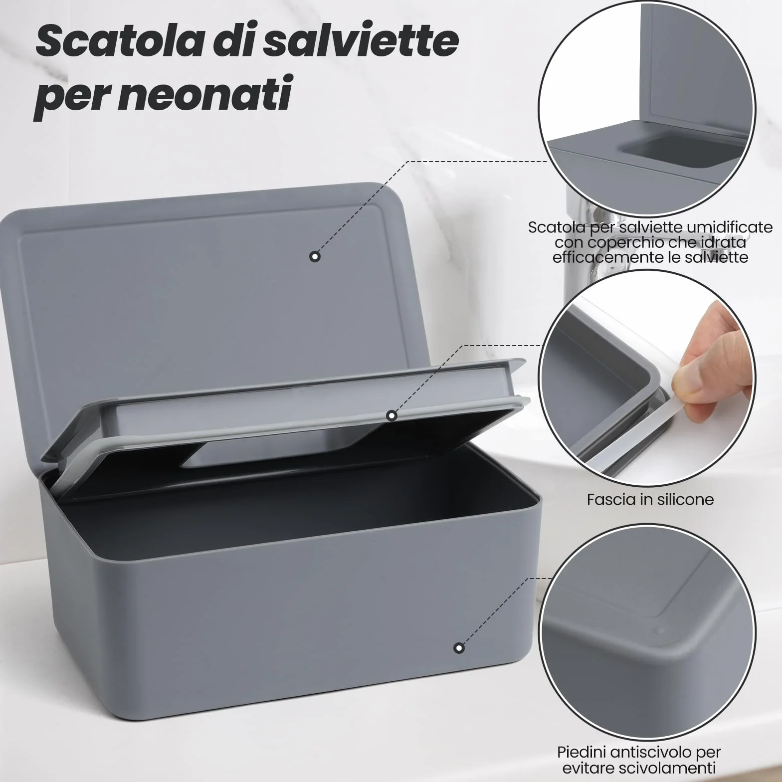 Scatola Porta Salviette Umidificate Dispenser con Coperchio Grigio