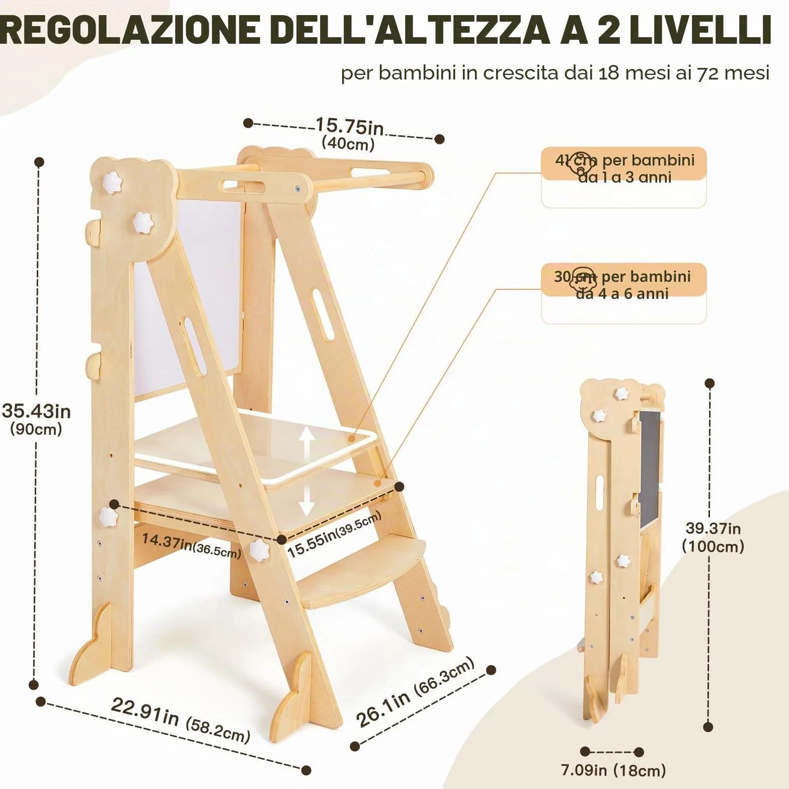 labebe Torre di apprendimento pieghevole 3 in 1 regolabile in altezza e larghezza per bambini da 1 anno