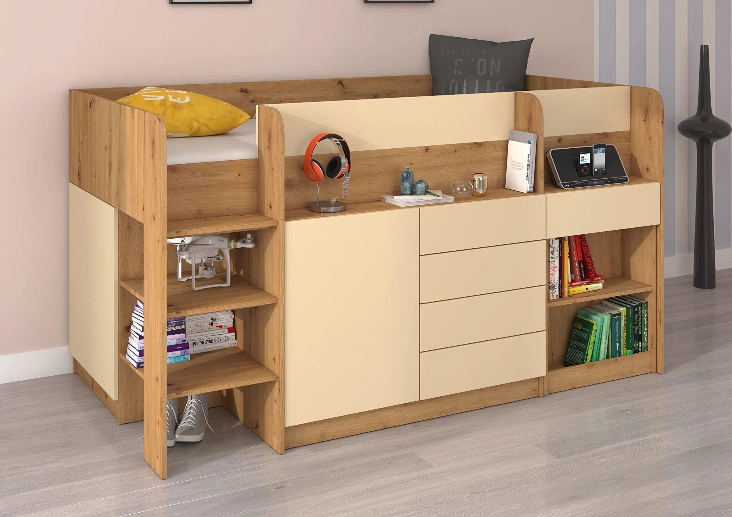 Letto rialzato Smile L per bambini rovere artigianale crema con scrivania mensole cassetti