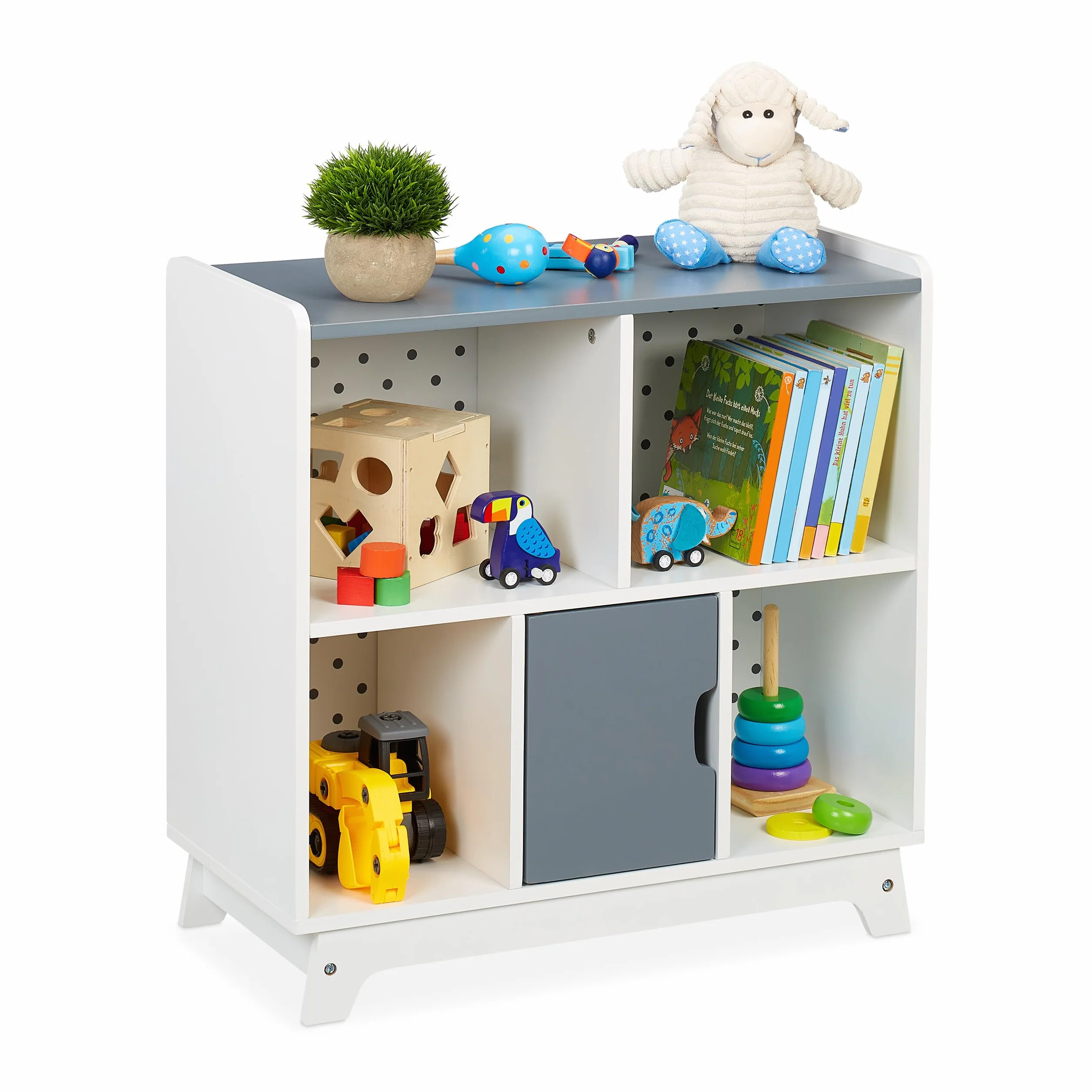 Relaxdays Scaffale Bambini 4 Scomparti Aperti 1 Porticina MDF 60x60x30cm Bianco Grigio