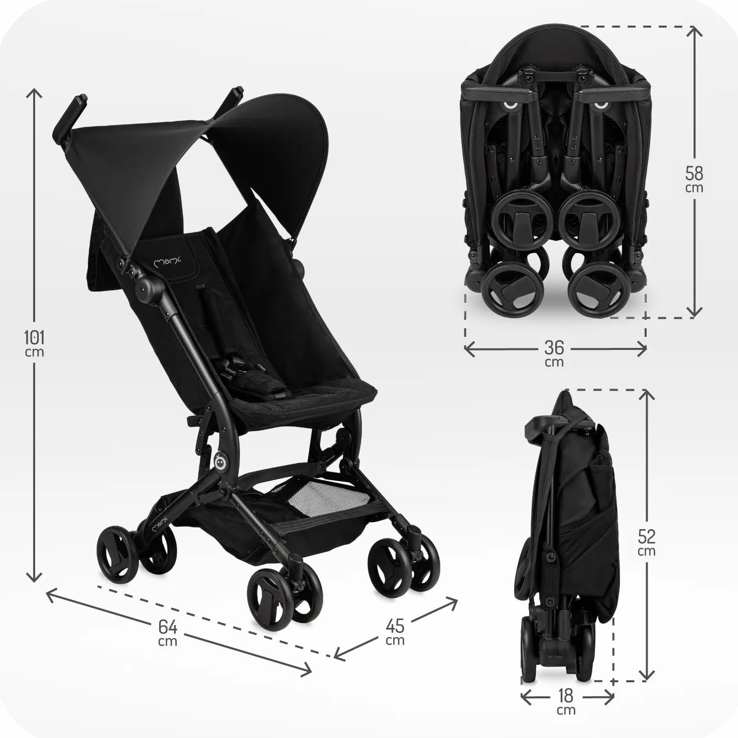 MoMi GRACE Passeggino leggero bambini 6 mesi pieghevole compatto viaggio cappottina parasole regolabile schienale reclinabile cintura 5 punti 15 kg zaino trasporto