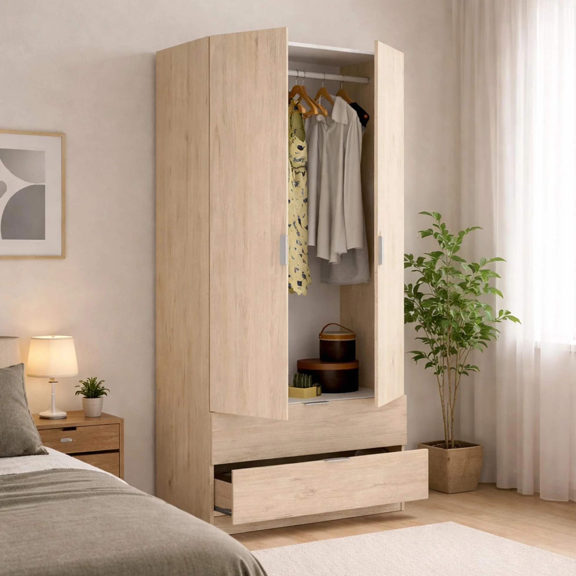 Dmora Guardaroba 2 Ante Pisanino 52x184h cm Marrone Rovere 2 Cassetti Appendiabiti Armadio Camera da Letto