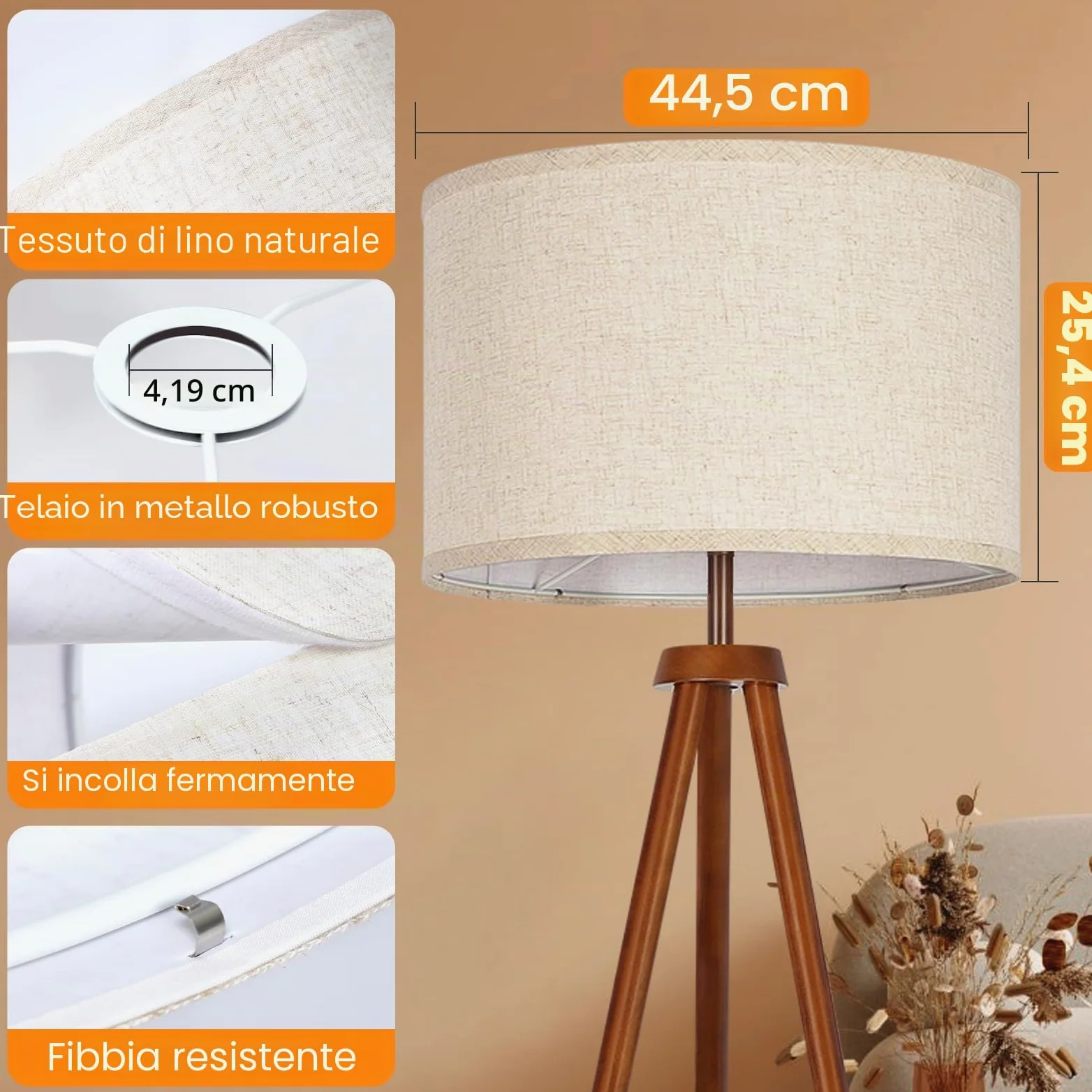 OUTON Beige Grande Paralume per Lampade da Terra, 44,5cm Alto x 44,5cm | Basso x 25,4cm Altezza, Facile da Montare, Paralumi a Forma di Tamburo in Lino per Lampade da Tavolo e Lampade da Comodino