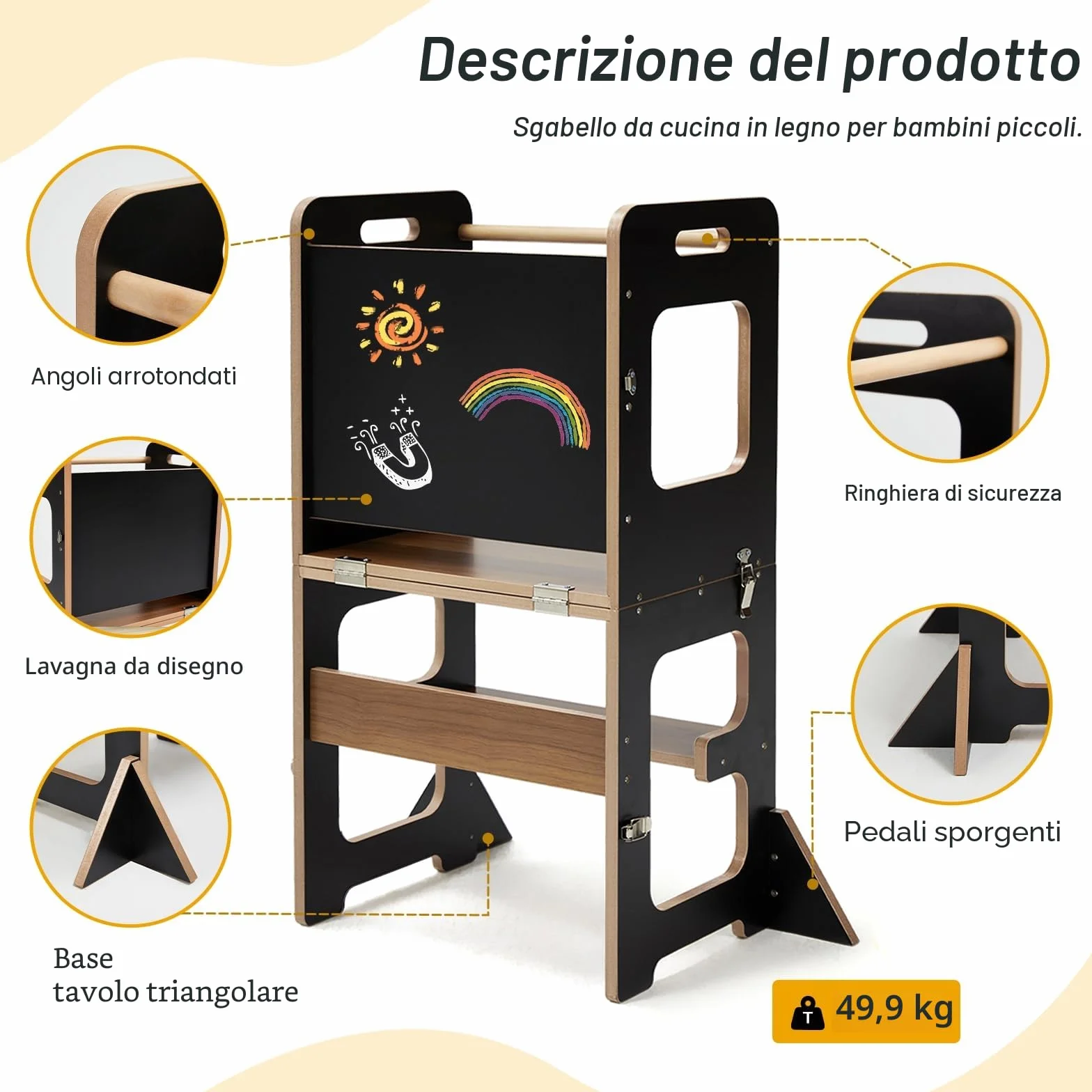 Labebe Torre di Apprendimento per Bambini Montessori 3 in 1 Pieghevole con Lavagna e Protezione Antiribaltamento Nero