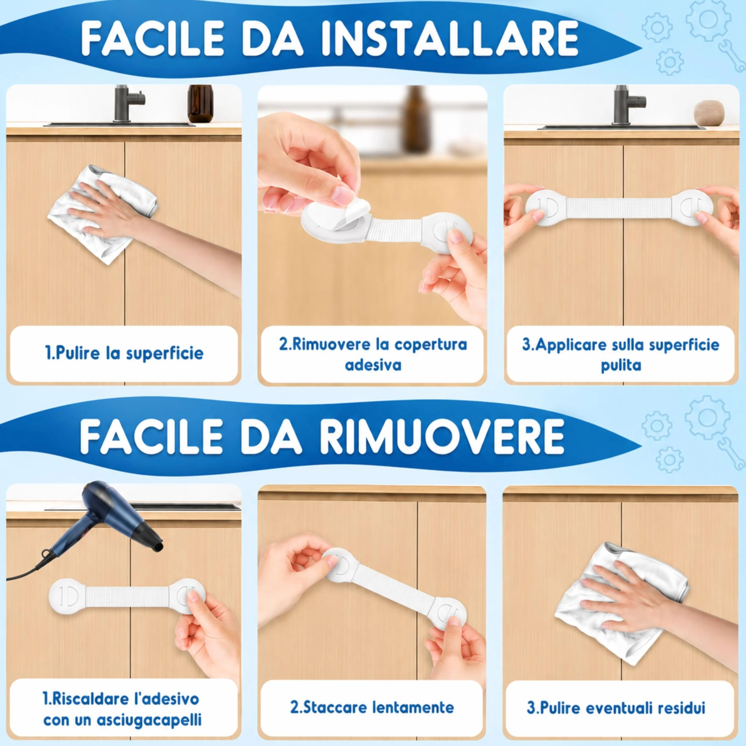 Blocca Cassetti Per Bambini Con Chiusura Di Sicurezza Adesiva, Installazione Senza Fori, Adesivo Ultra Resistente – Sicurezza Per Mobili Cucina Armadi Frigorifero