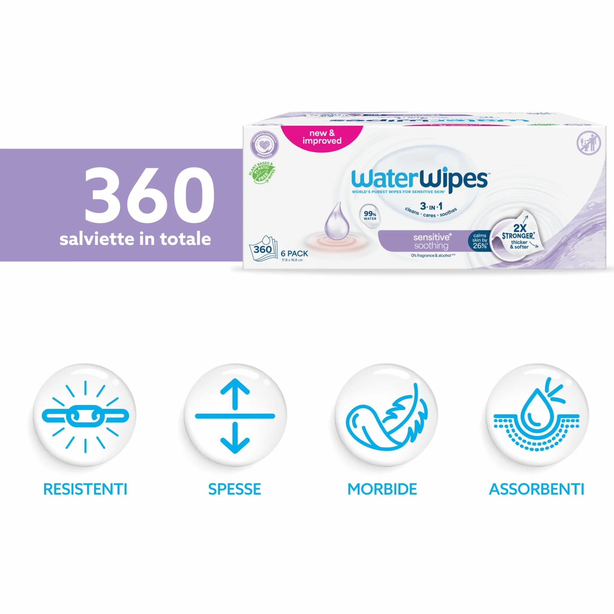 WaterWipes Salviettine Lenitive 360 Pezzi 6 Confezioni Detergenti 99% Acqua Estratti Botanici Senza Profumo