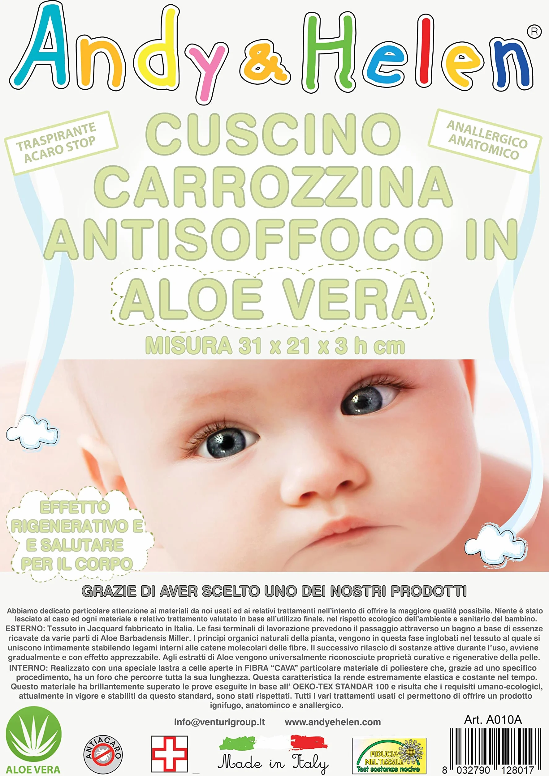 ANDY & HELEN Cuscino Culla Antisoffoco Aloe Vera 31x21x3 cm