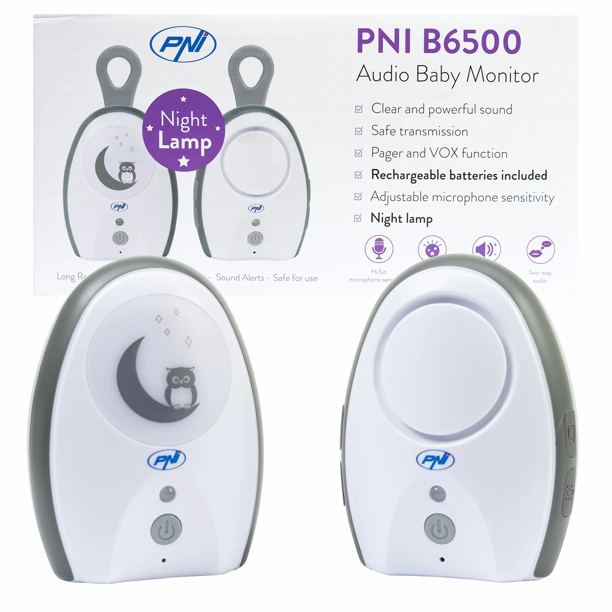 Audio Baby Monitor PNI B6500 bezprzewodowy z lampką nocną, Vox i Pager