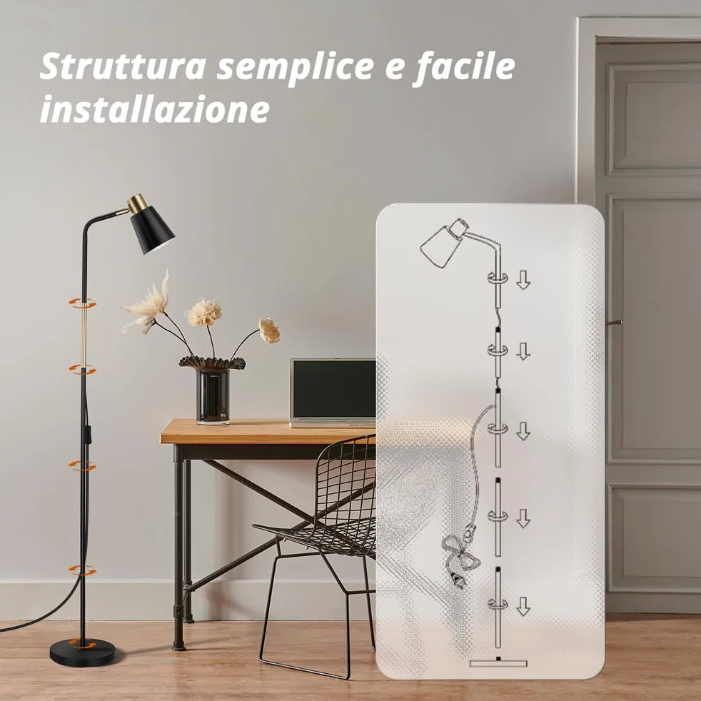 OUSFOT Lampada da Terra Vintage 230V Piantana Moderna Lampada E27 max 40W Lampada da Divano in metallo con altezza 146cm Lampada Lettura per Salotto, Camera da Letto, Studio (Senza Lampadine) Nero