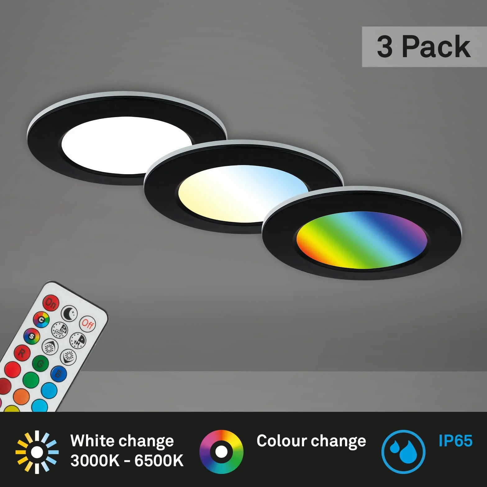 BRILONER - Set di 3 luci da incasso LED a soffitto, luci da incasso RGB CCT, faretto da incasso LED per bagno, faretto da incasso per bagno IP65, nero, 92x45 mm (DxH)