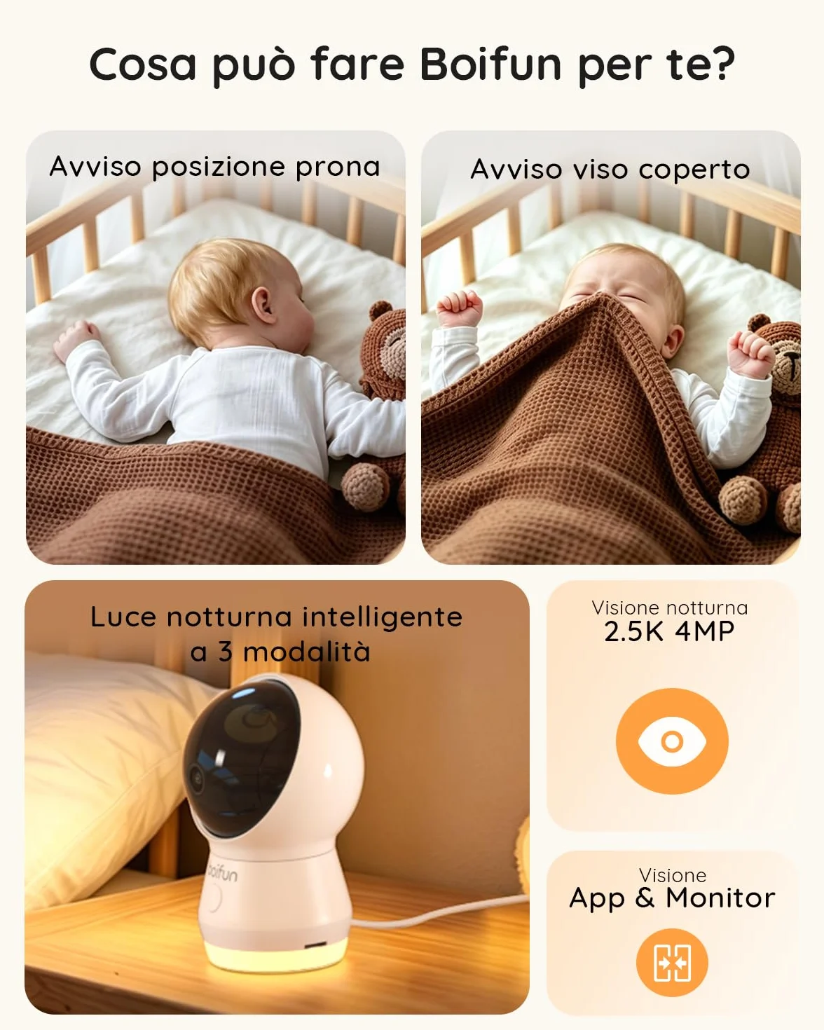 Boifun Baby Monitor 5.5" Video Audio 4MP 360° Zoom 4X WiFi AI Intelligente Audio Bidirezionale Luce Notturna 4000mAh